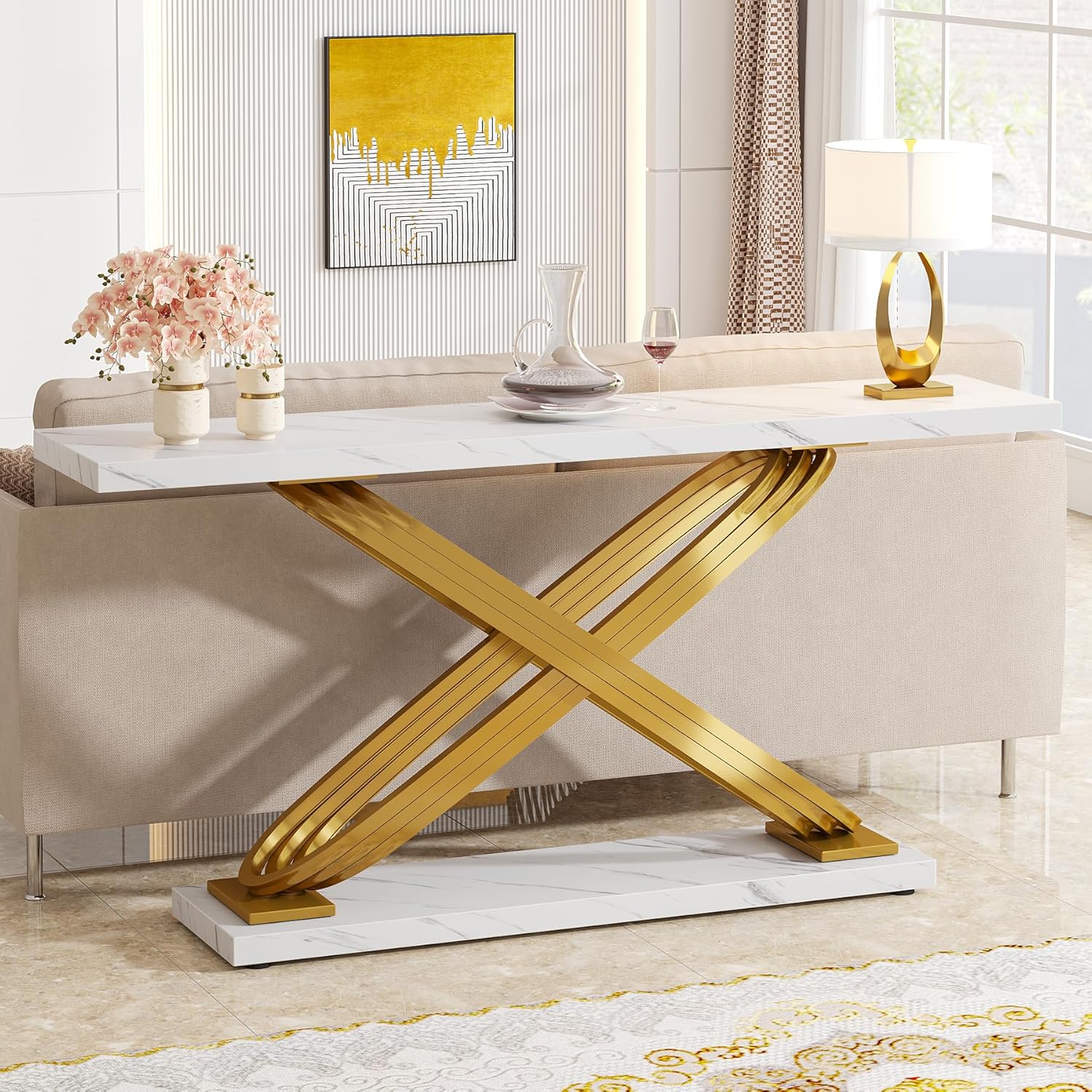 140 cm Moderne Consoletafel, Luxe Faux Marmeren Banktafel in Goud en Wit