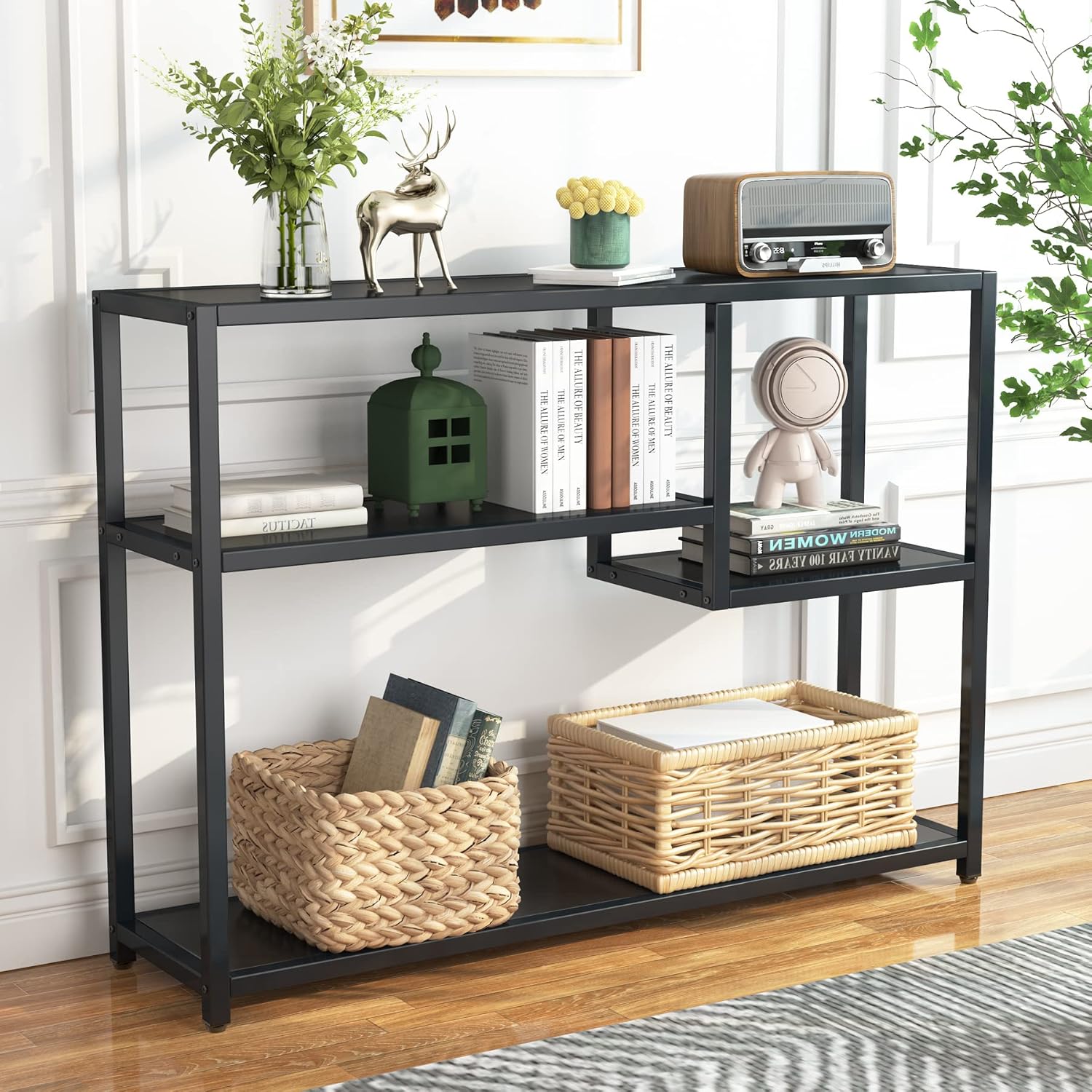 108 cm Consoletafel met Opbergvakken, Zwarte Bijzettafel Voor Entreehal en Woonkamer