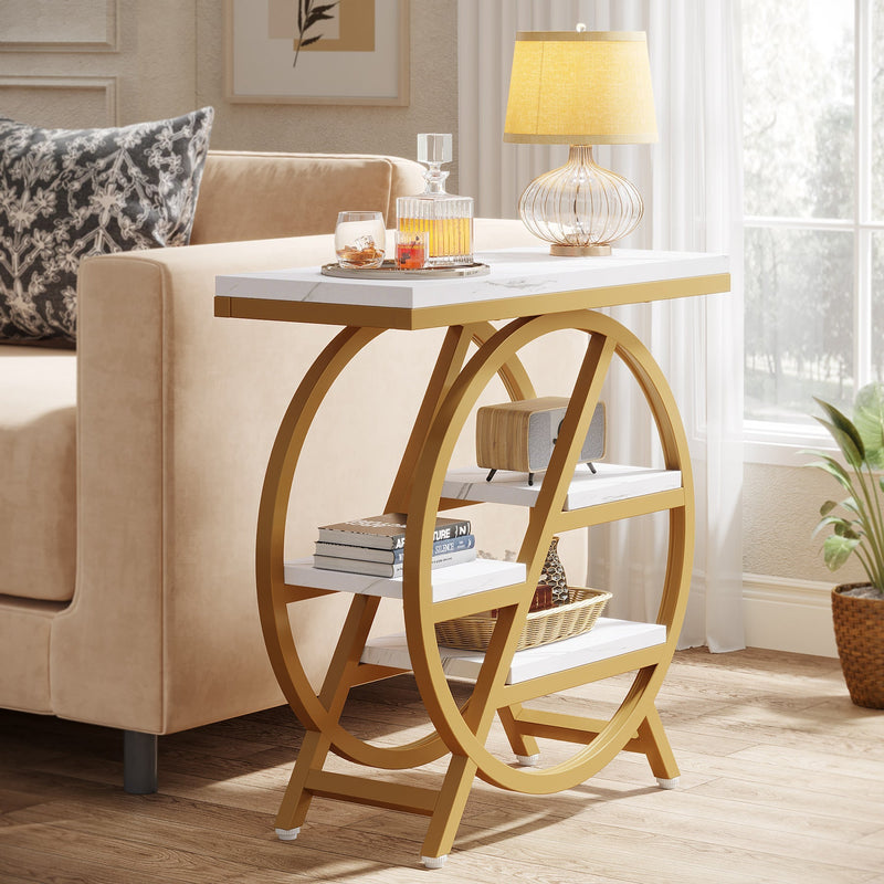 65 cm Drieplanken Bijzettafel, Industriële Houten Tafel met Geometrisch Frame voor Woonkamer