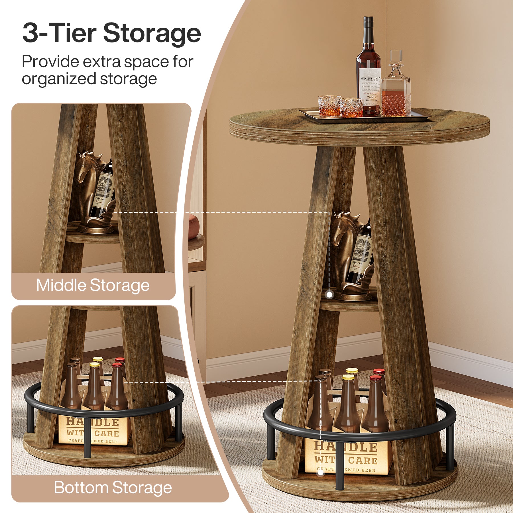 100 cm Ronde Bartafel met Opbergruimte, Industriële Bistrotafel voor Woonkamer Bar Kleine Ruimtes