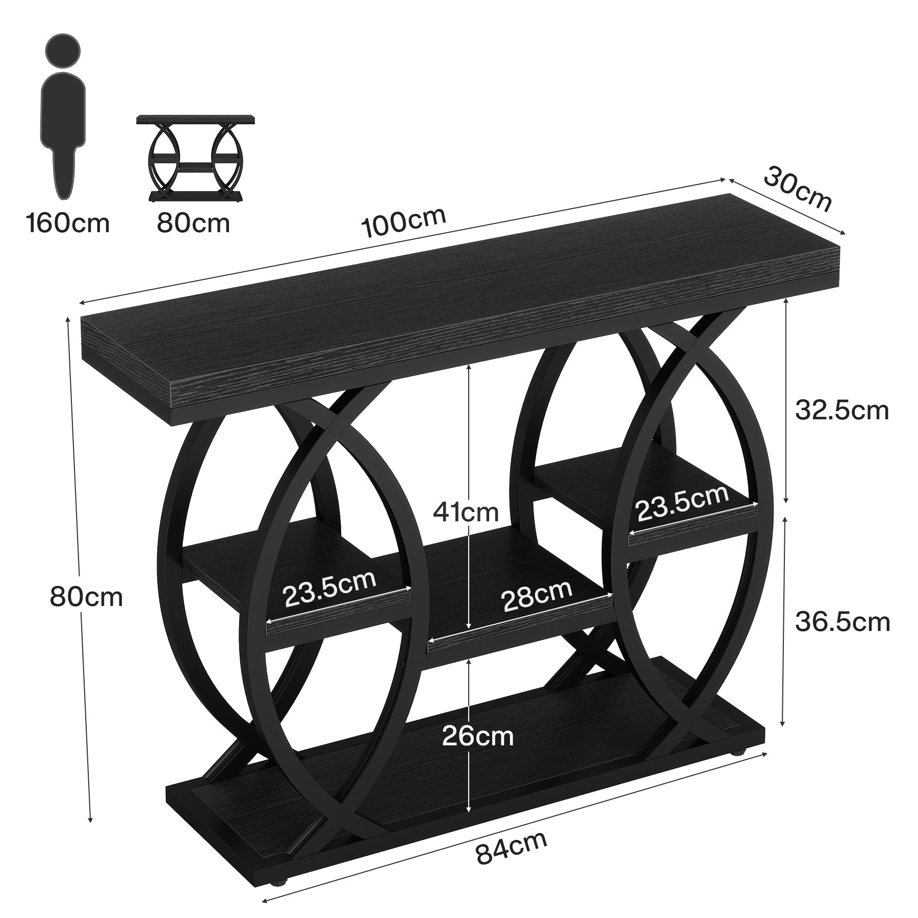 Industrieel Consoletafel 100 cm met 4 Opbergplanken, Smalle Houten Bijzettafel voor hal en Kleine Ruimtes