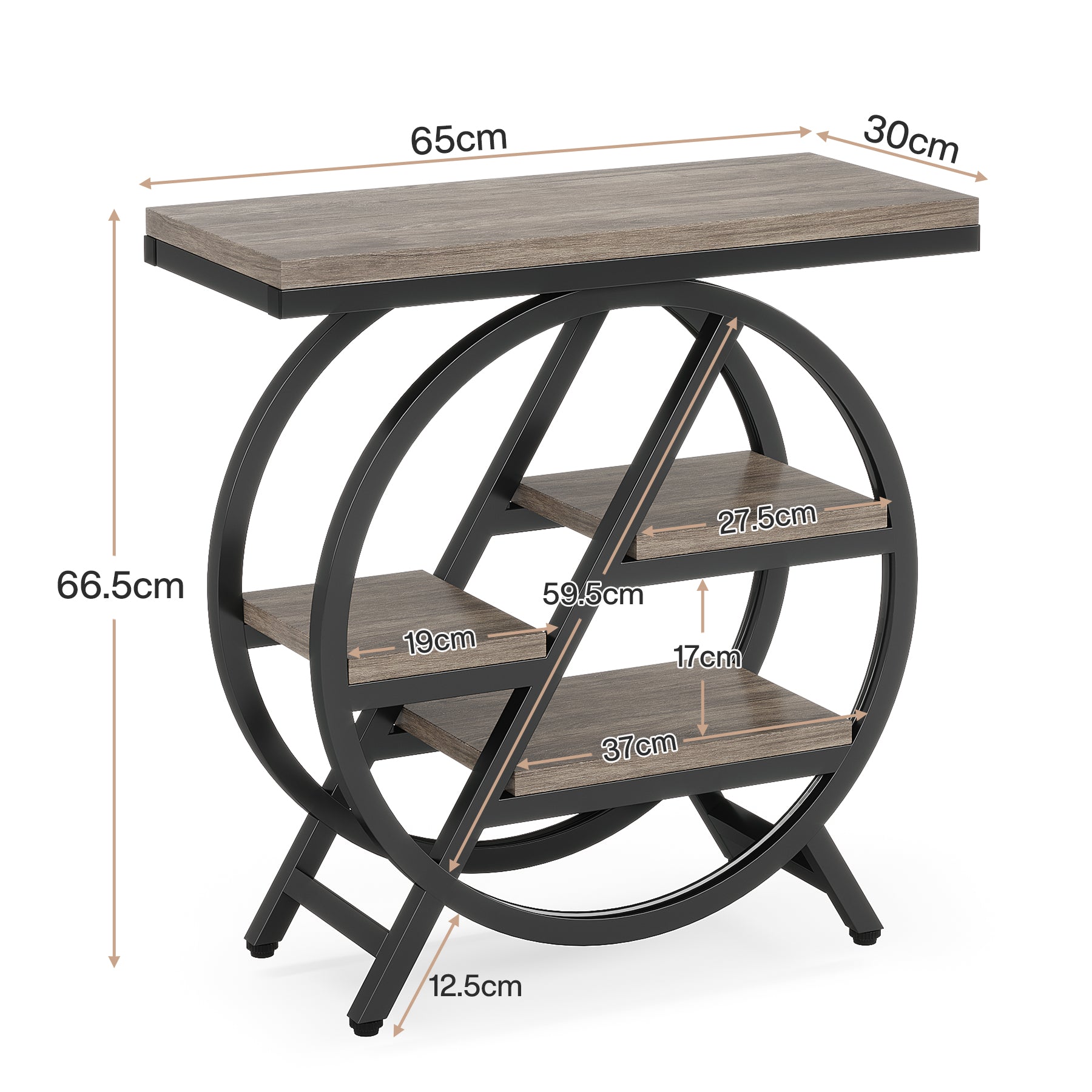65 cm Drieplanken Bijzettafel, Industriële Houten Tafel met Geometrisch Frame voor Woonkamer