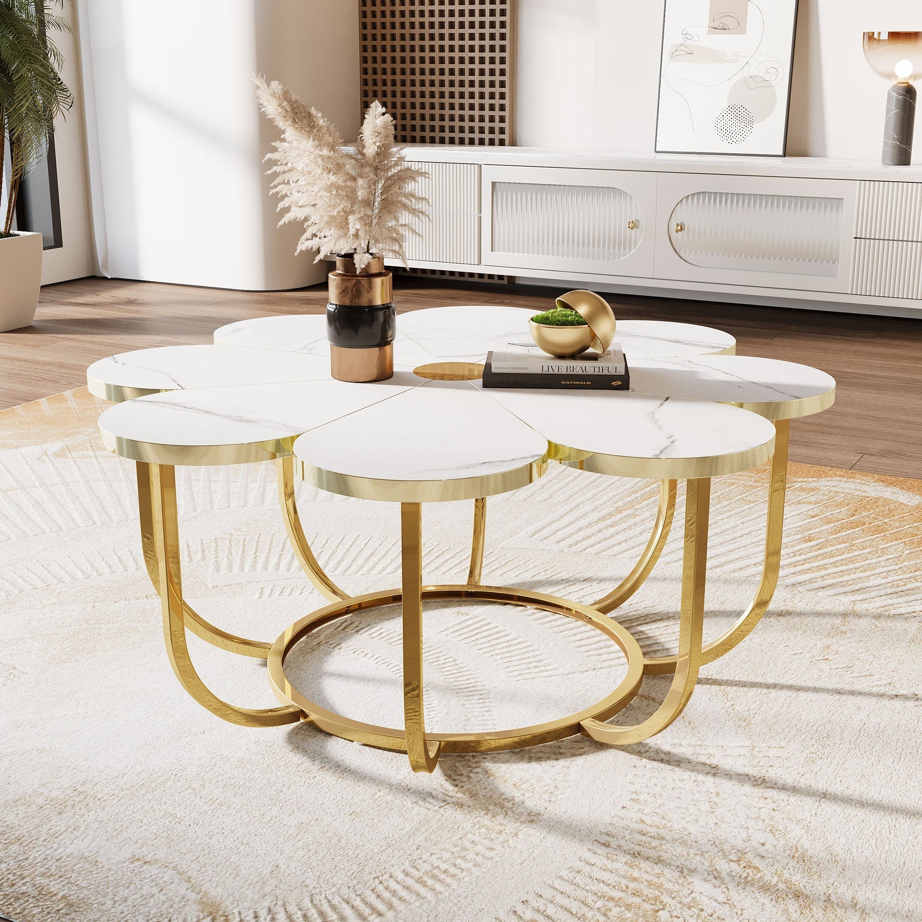 100 cm Witte Salontafel, Met Gouden Bloemenpoot en Imitatiemarmeren Blad