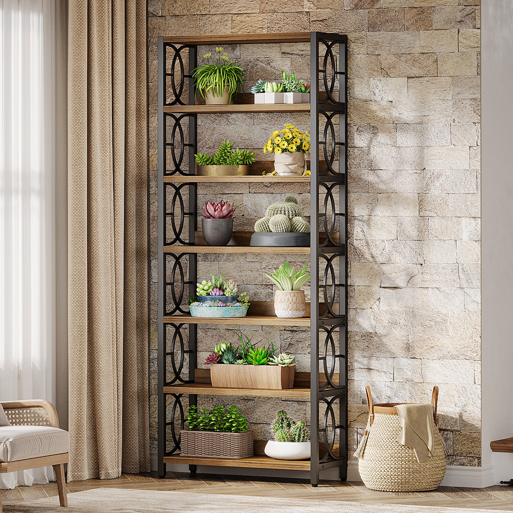 180 cm Houten Plantenstandaard met 6 Niveaus, Industrieel Vrijstaand Plantenrek in Rustiek Bruin en Zwart