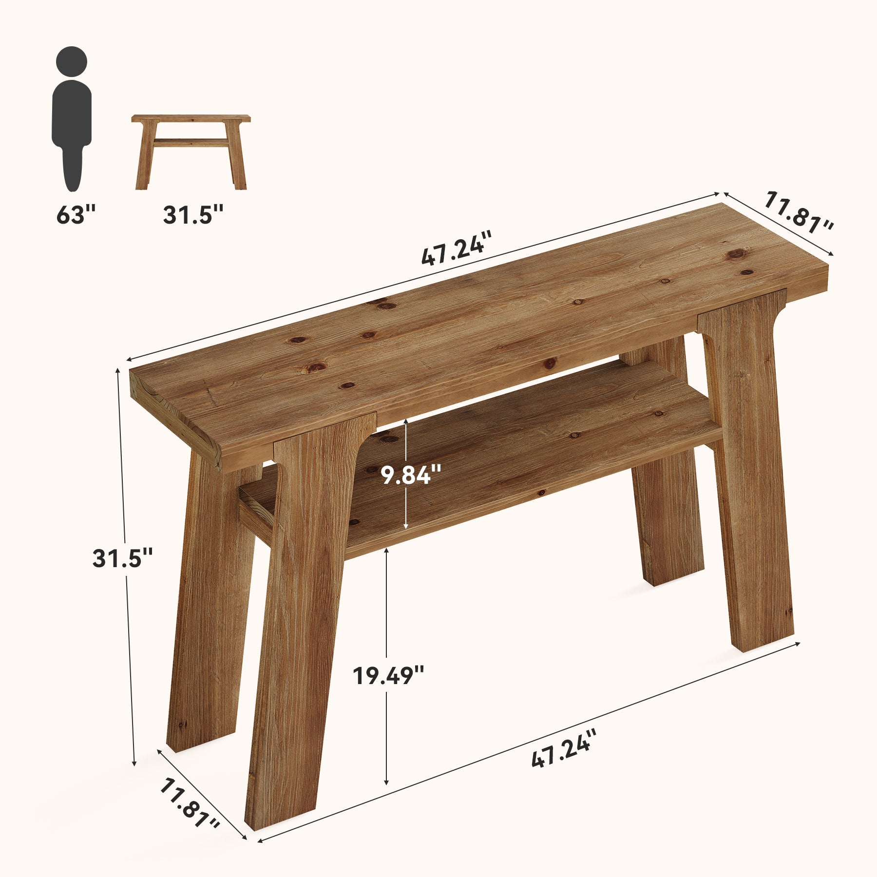 120 cm Houten Consoletafel, Massief Houten Bijzettafel met 2-Laden Opbergvak