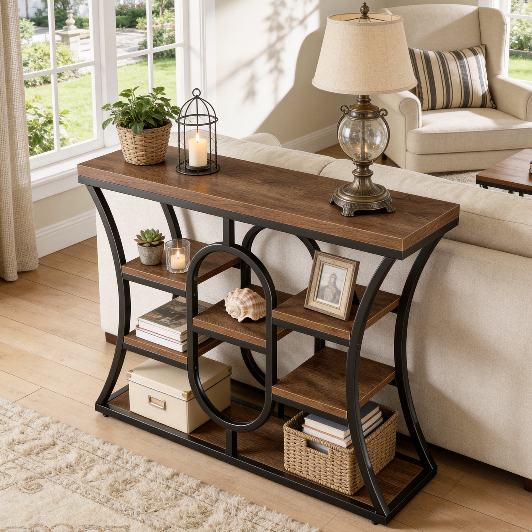105 cm Smalle Consoletafel met Opbergrekken, Industriële Entreetafel voor Hal Woonkamer Achter Bank