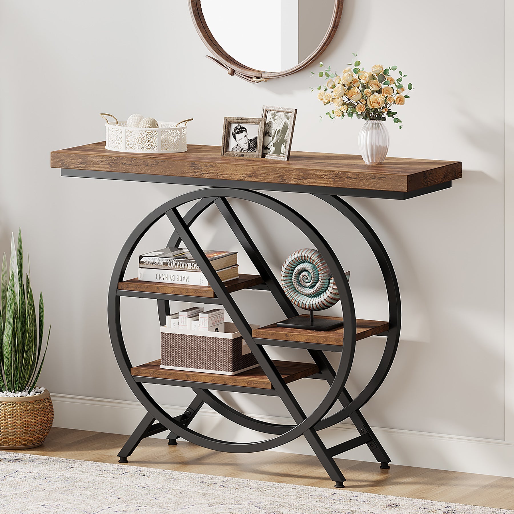 100 cm Industriële Consoletafel – Geometrisch Frame met Dik Blad voor Rustieke Uitstraling