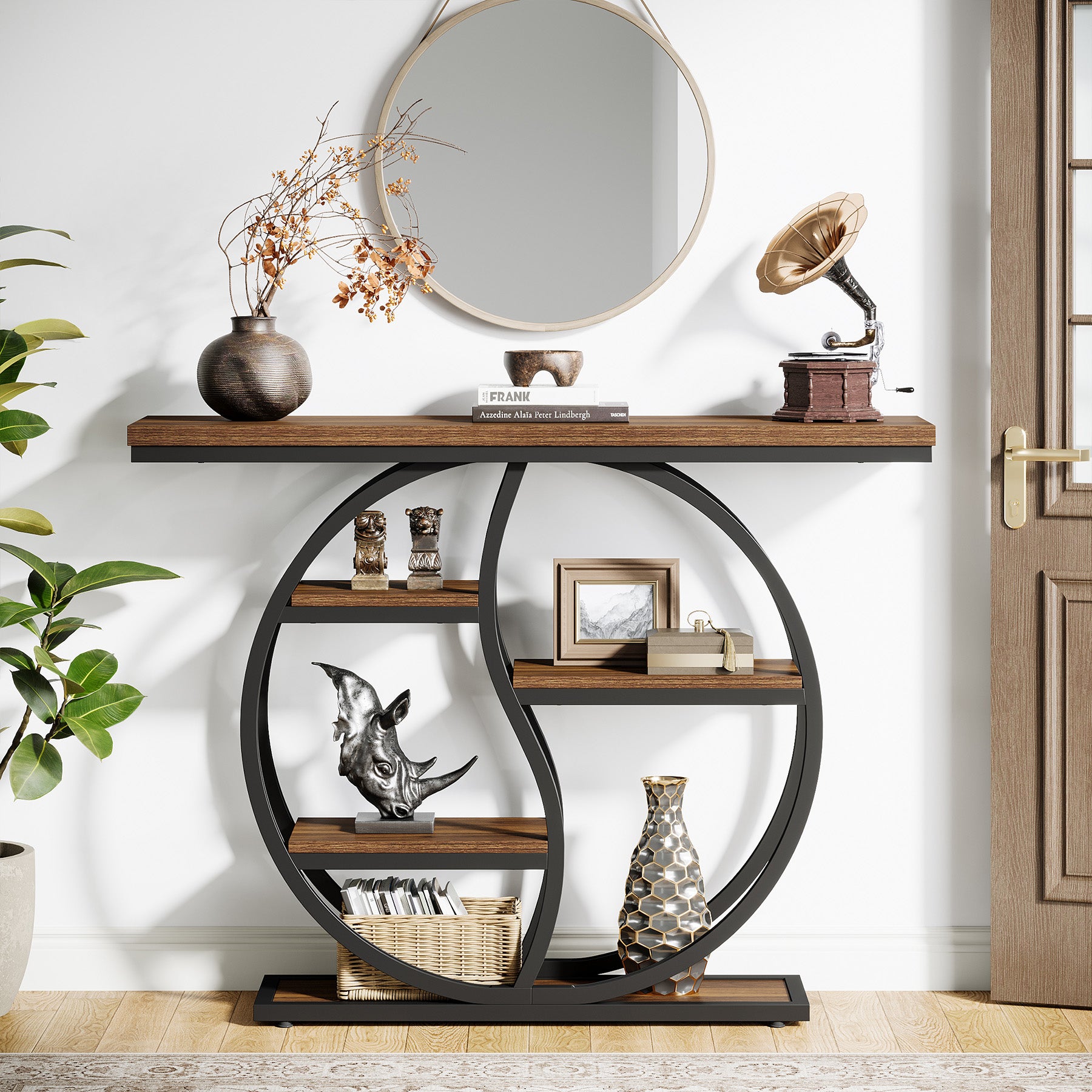 Consoletafel van 120 cm met 5 Lagen in Rustiek Bruin, Smalle Industriële Houten Hal- en Banktafel met Metalen Frame