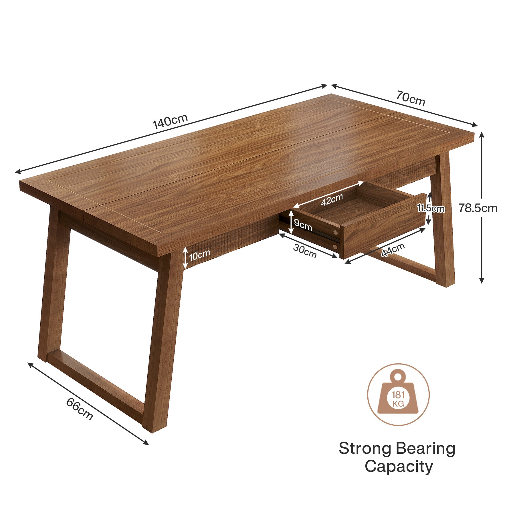 140 cm Rechthoekige Eettafel met Lade, Massief Houten Poten voor 4-6 Personen