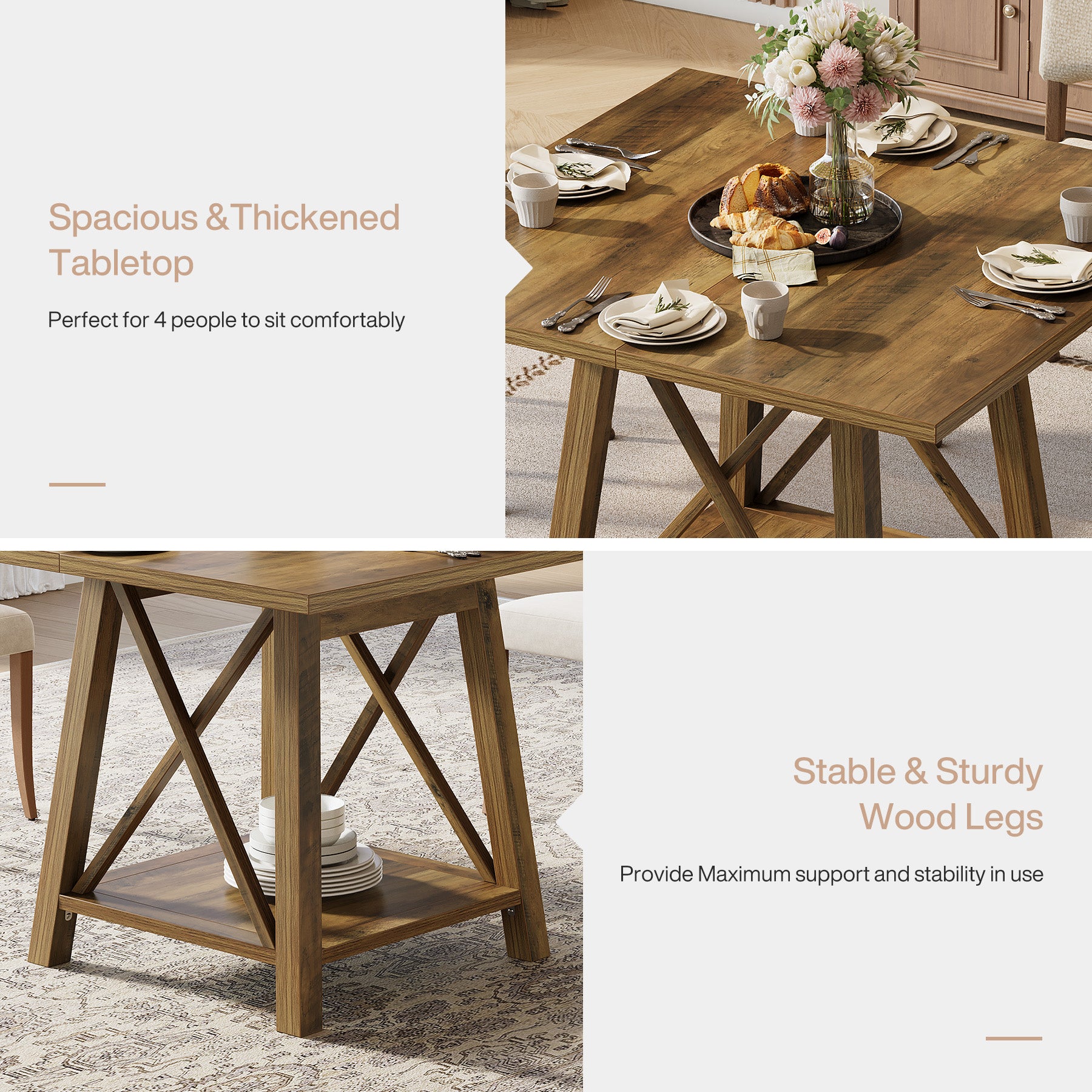 Vierkante eettafel voor 4 personen met opbergvak, landelijke keukentafel voor eetkamer en woonkamer