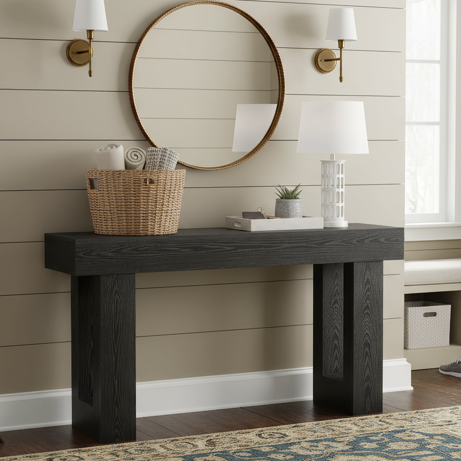 160 cm Landelijke Consoletafel met Massief Houten Poten, Houten Sofa-tafel voor Hal en Woonkamer
