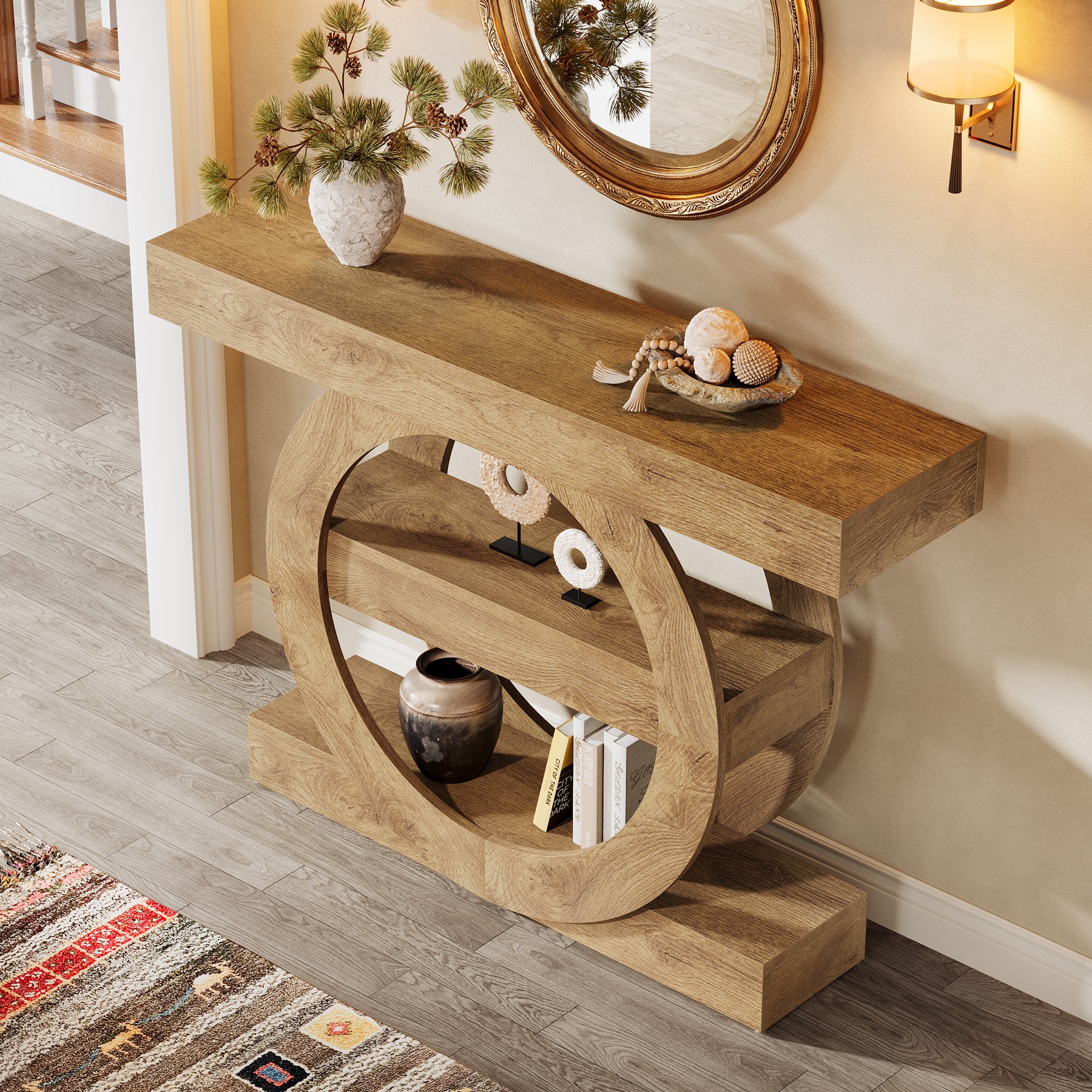 Tribesigns Ingangstafel van 100 cm met Opbergruimte, 3-Laagse Boerderij Consoletafel met Houten Planken