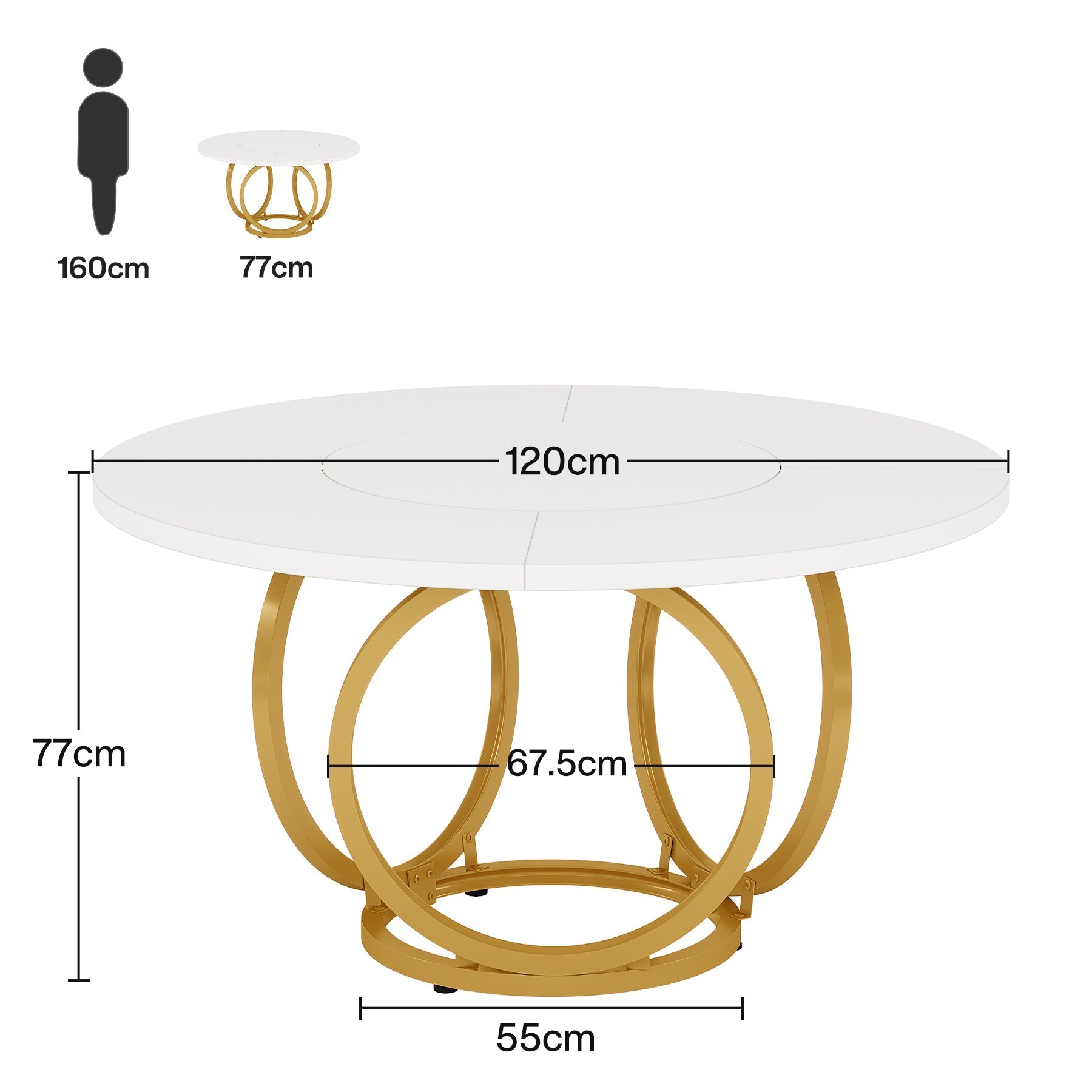 Ronde Eettafel voor Vier Personen, Witte Tafel met Gouden Metalen Onderstel