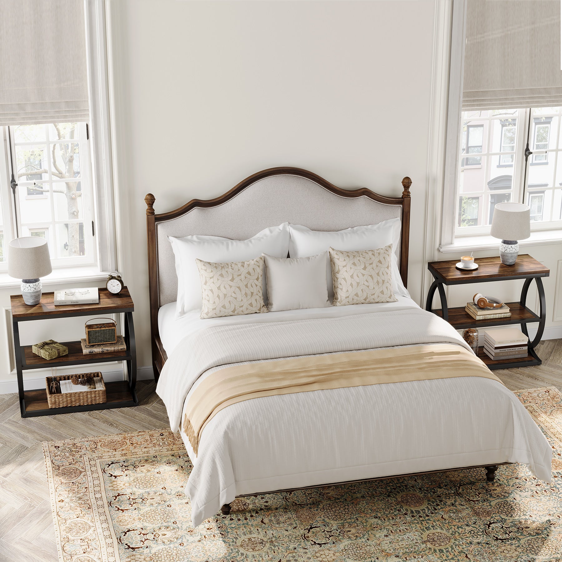 60 cm Smalle Bijzettafel met 3 Niveaus, Industriële Houten Nachtkastje voor Kleine Ruimtes