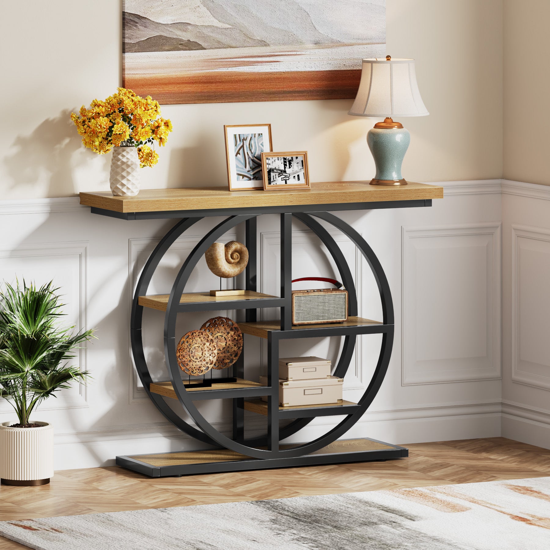 105 cm Industriële Console, 6 Etages met Rond Onderstel en Opbergplanken