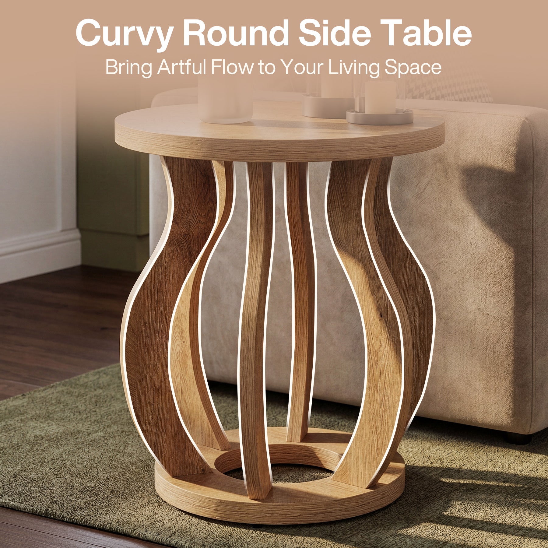 61 cm Ronde Houten Bijzettafel, Farmhouse Nachtkastje met Gebogen Frame