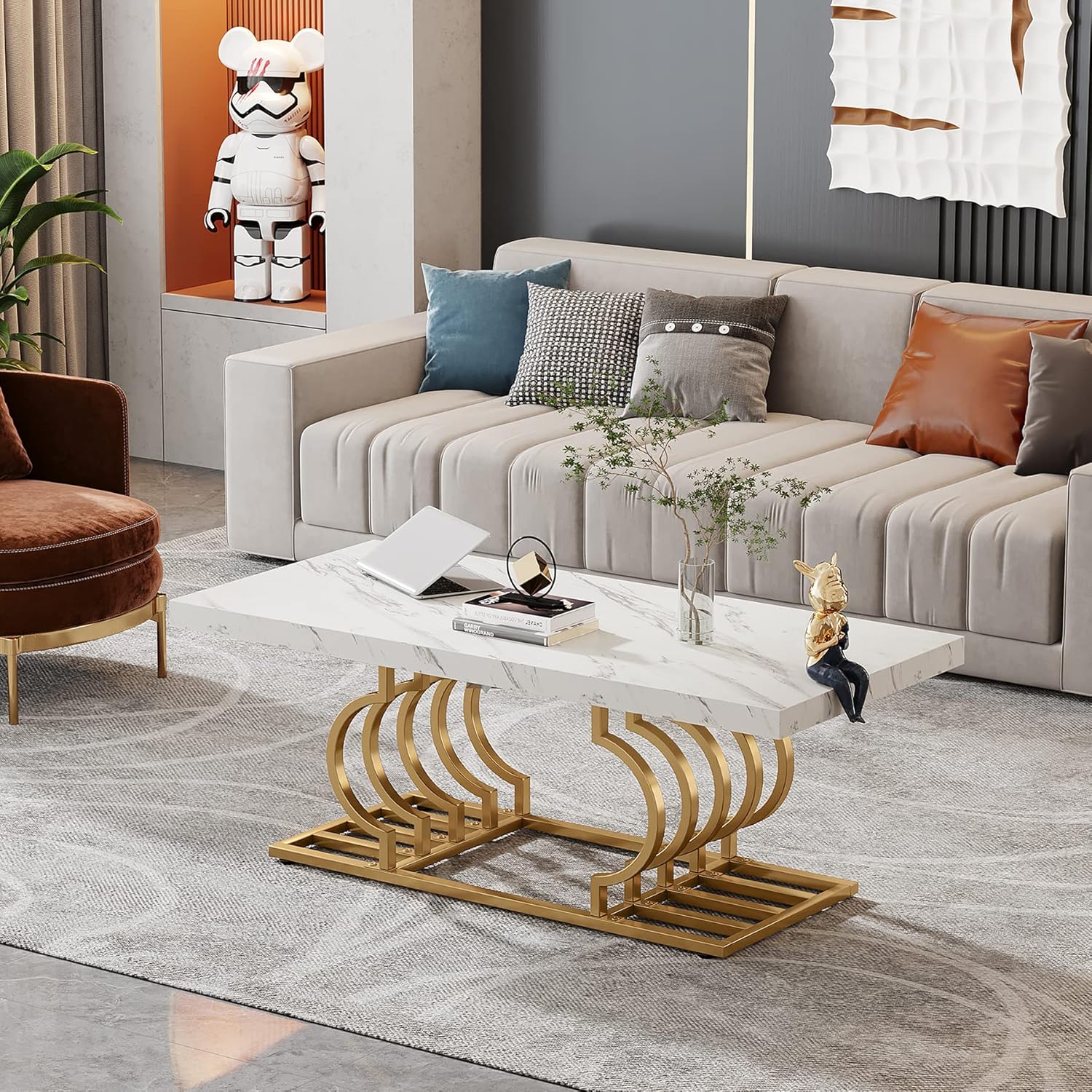 120 cm Moderne Salontafel, Witte Cocktailtafel met Geometrisch Frame en Marmer Print