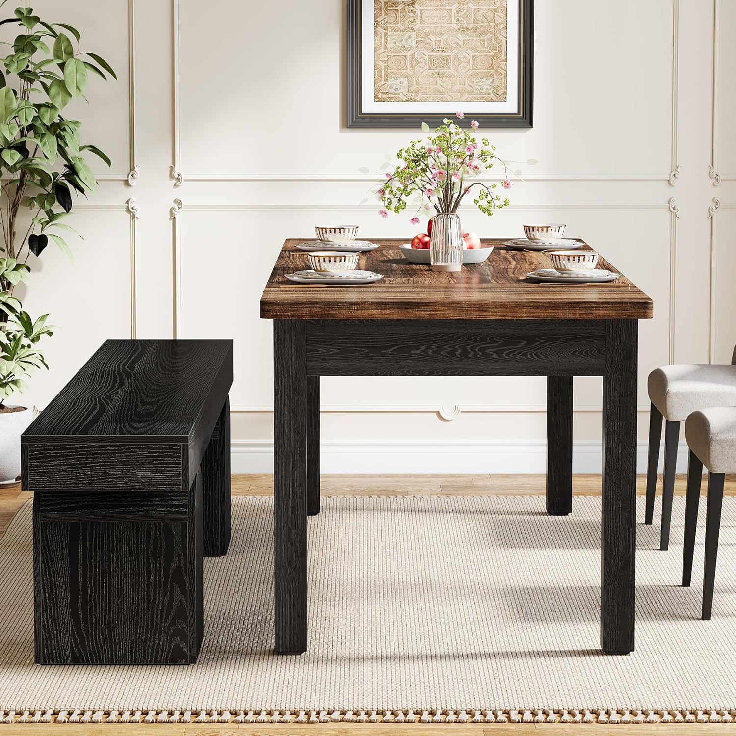 Eetkamerbank van 150 cm voor 2–3 Personen met Gebogen Basis, Moderne Zwarte Houten Bank voor Keuken en Woonkamer