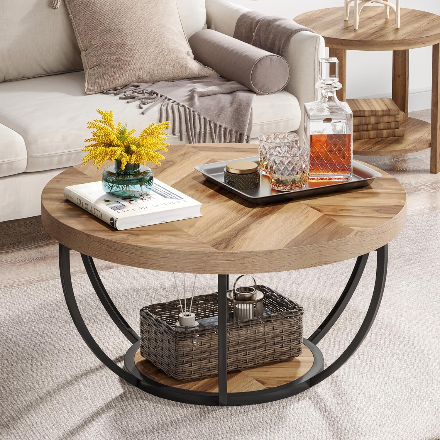 80,5 cm Ronde Industriële Salontafel, Tweelaags Middentafel in Rustiek Bruin en Zwart