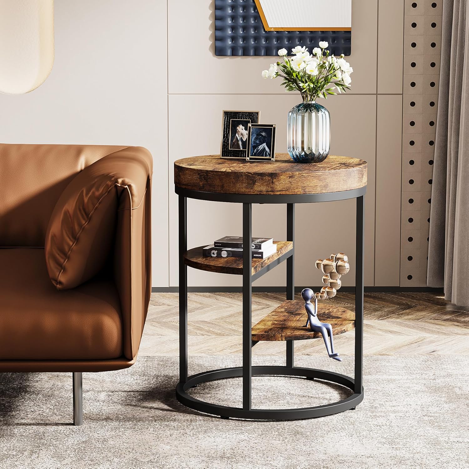 50 cm Ronde Bijzettafel met 3 Opbergplanken, Industriële Sofa- en Nachtkasttafel in Rustiek Bruin
