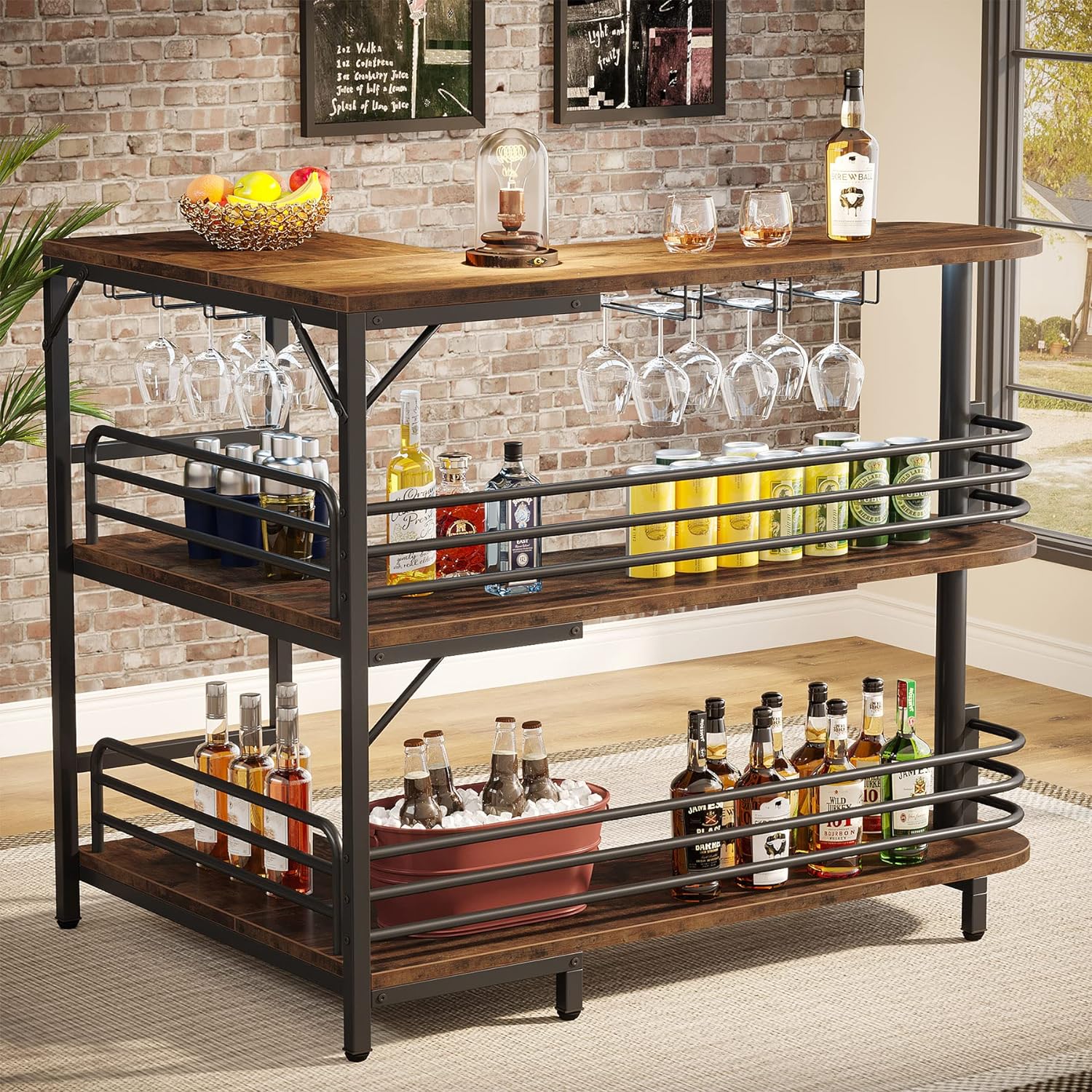 120 cm L-vormige Homebar, Industriële Hoekbar met 3 Planken en Wijnrek in Landelijk Bruin