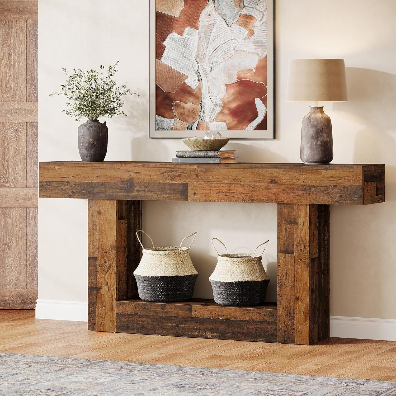 160 cm Boerenstijl Consoletafel, Tweelaagse Entreetafel met Opbergruimte in Rustiek Bruin