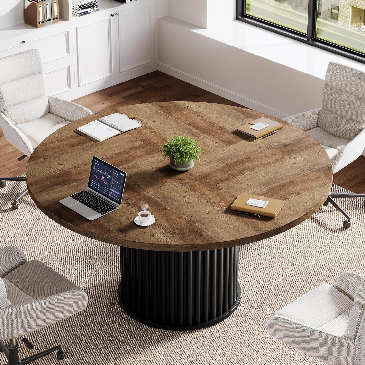 120 cm Zwart Ronde Conferentietafel, Stabiel Bureau voor 4-6 Personen