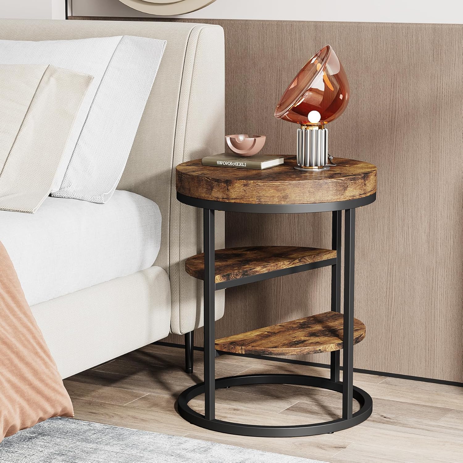 50 cm Ronde Bijzettafel met 3 Opbergplanken, Industriële Sofa- en Nachtkasttafel in Rustiek Bruin