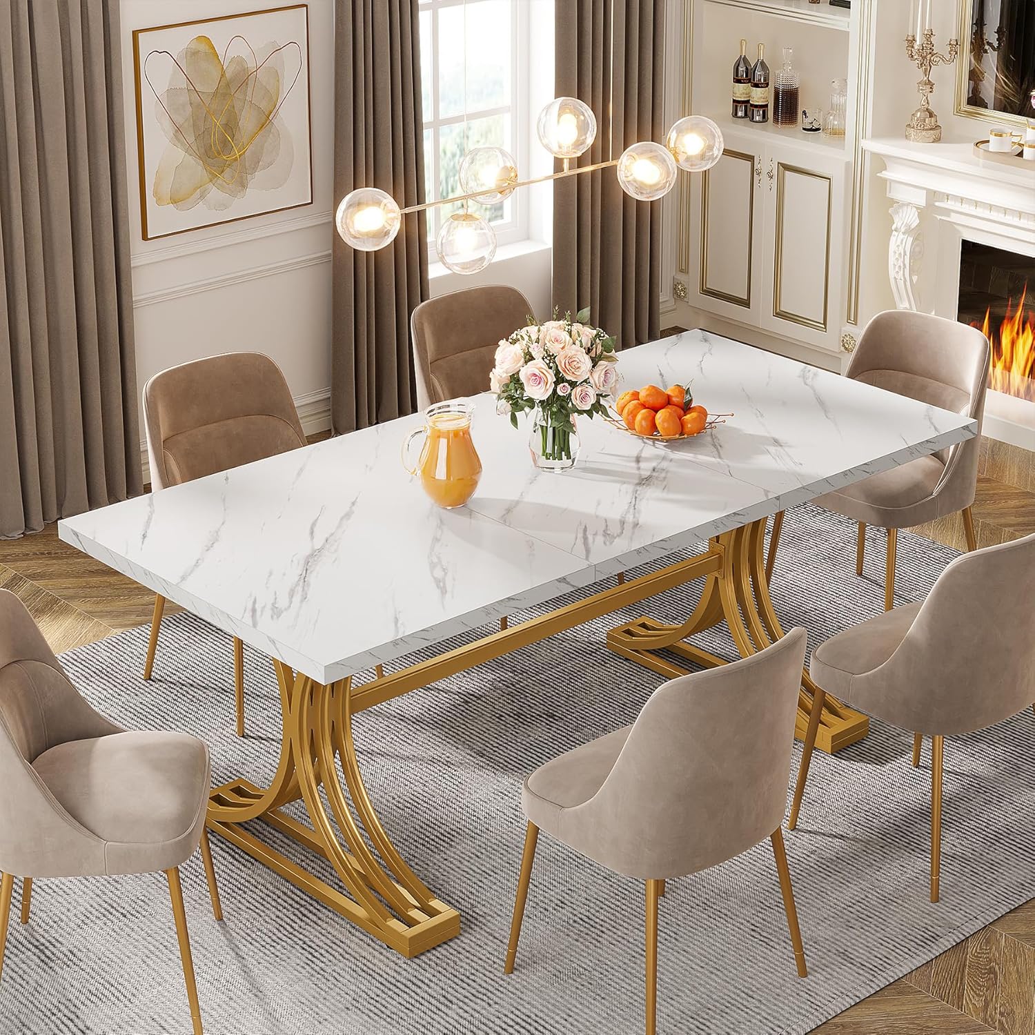 Tribesigns Eettafel 160 cm met Marmerlook Blad, Moderne Keukentafel Goud
