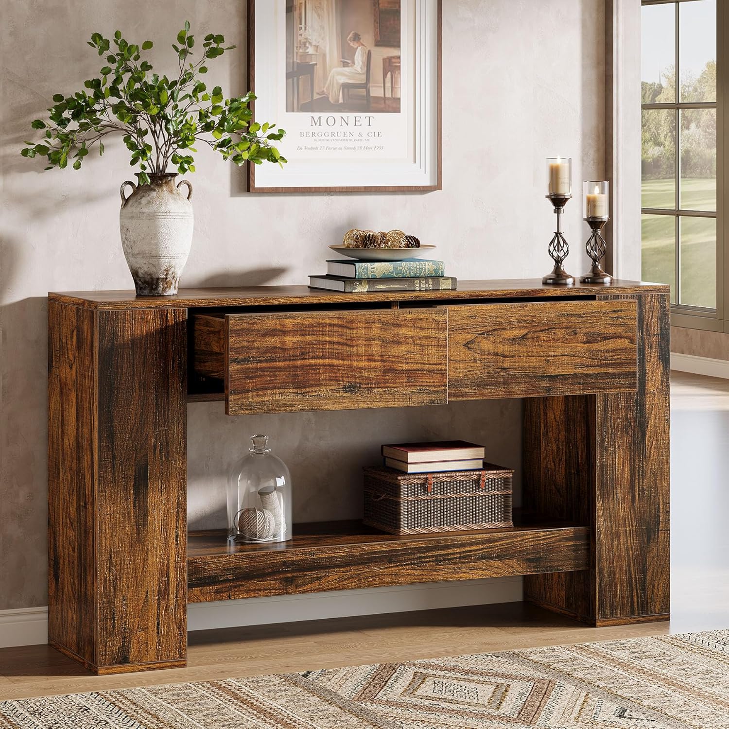 140 cm Rustieke Bruine Consoletafel, Smalle Opbergtafel met 2 Laden en 2 Planken voor Hal en Woonkamer