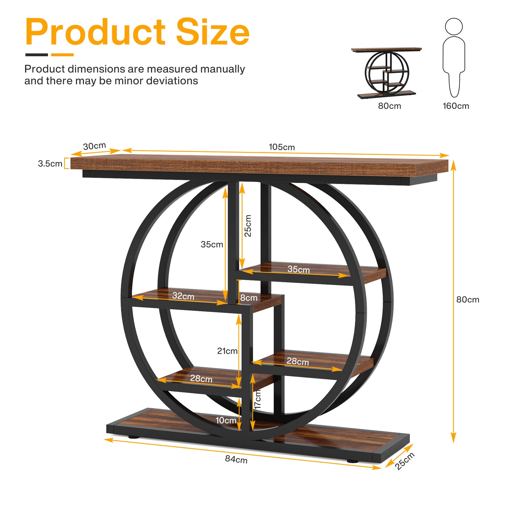 105 cm Industriële Console, 6 Etages met Rond Onderstel en Opbergplanken