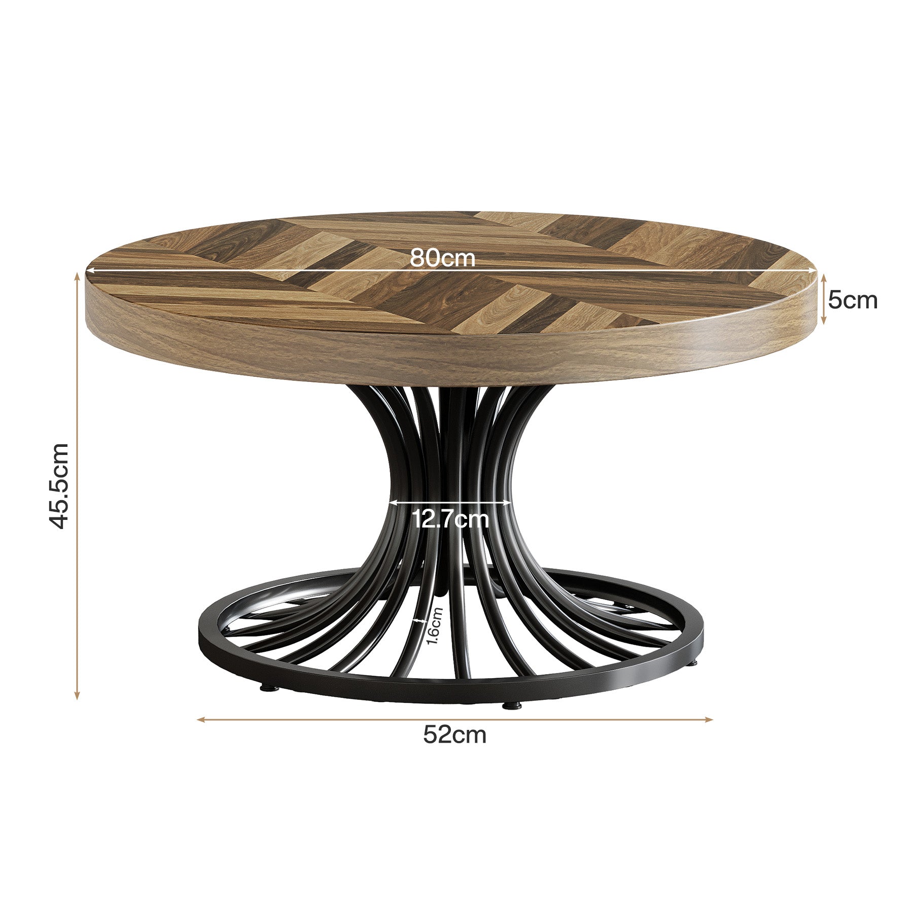 79 cm Ronde Salontafel van Hout, Landelijke Koffietafel met Metalen Sokkel voor Woonkamer