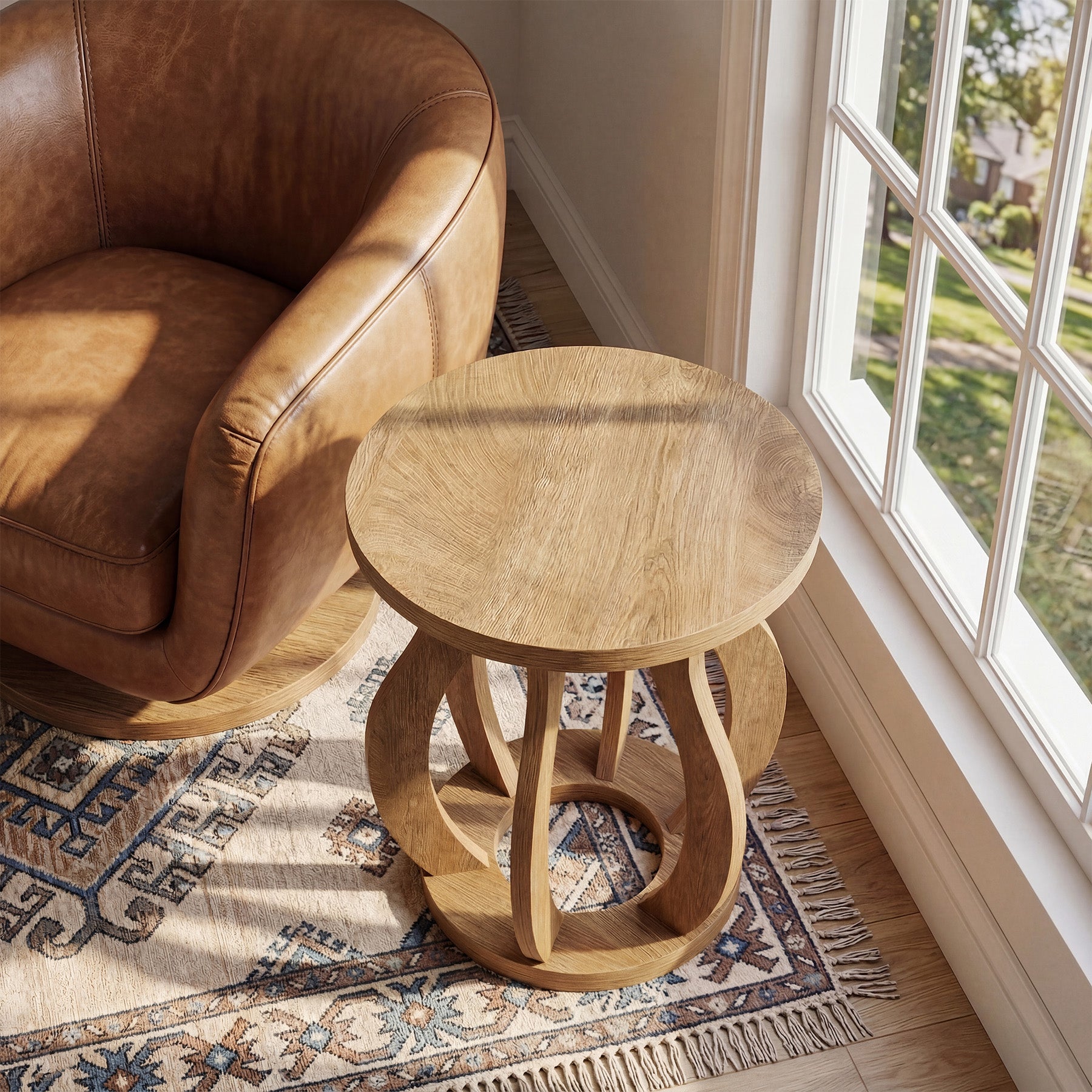 61 cm Ronde Houten Bijzettafel, Farmhouse Nachtkastje met Gebogen Frame