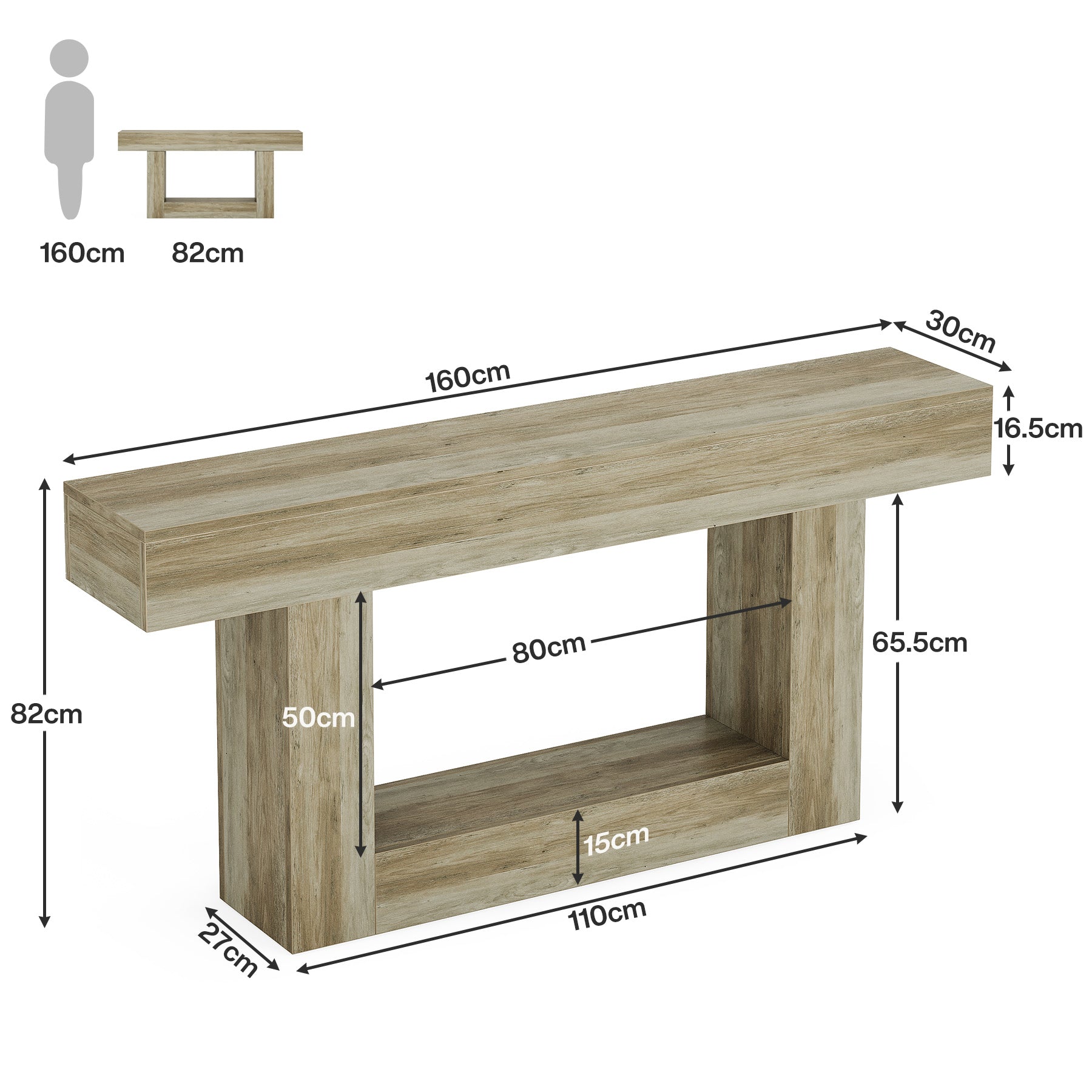 160 cm Boerenstijl Consoletafel, Tweelaagse Entreetafel met Opbergruimte in Rustiek Bruin