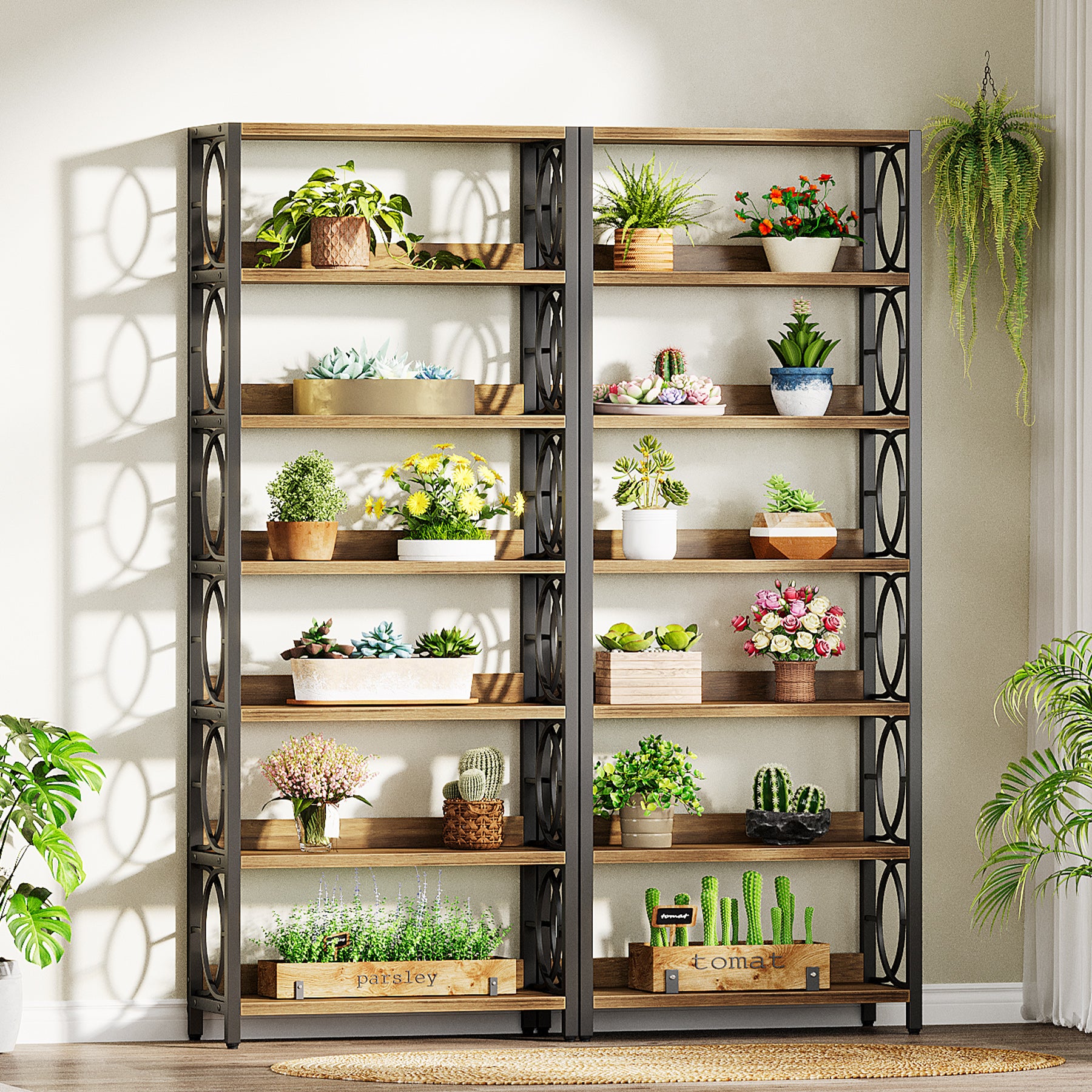 180 cm Houten Plantenstandaard met 6 Niveaus, Industrieel Vrijstaand Plantenrek in Rustiek Bruin en Zwart