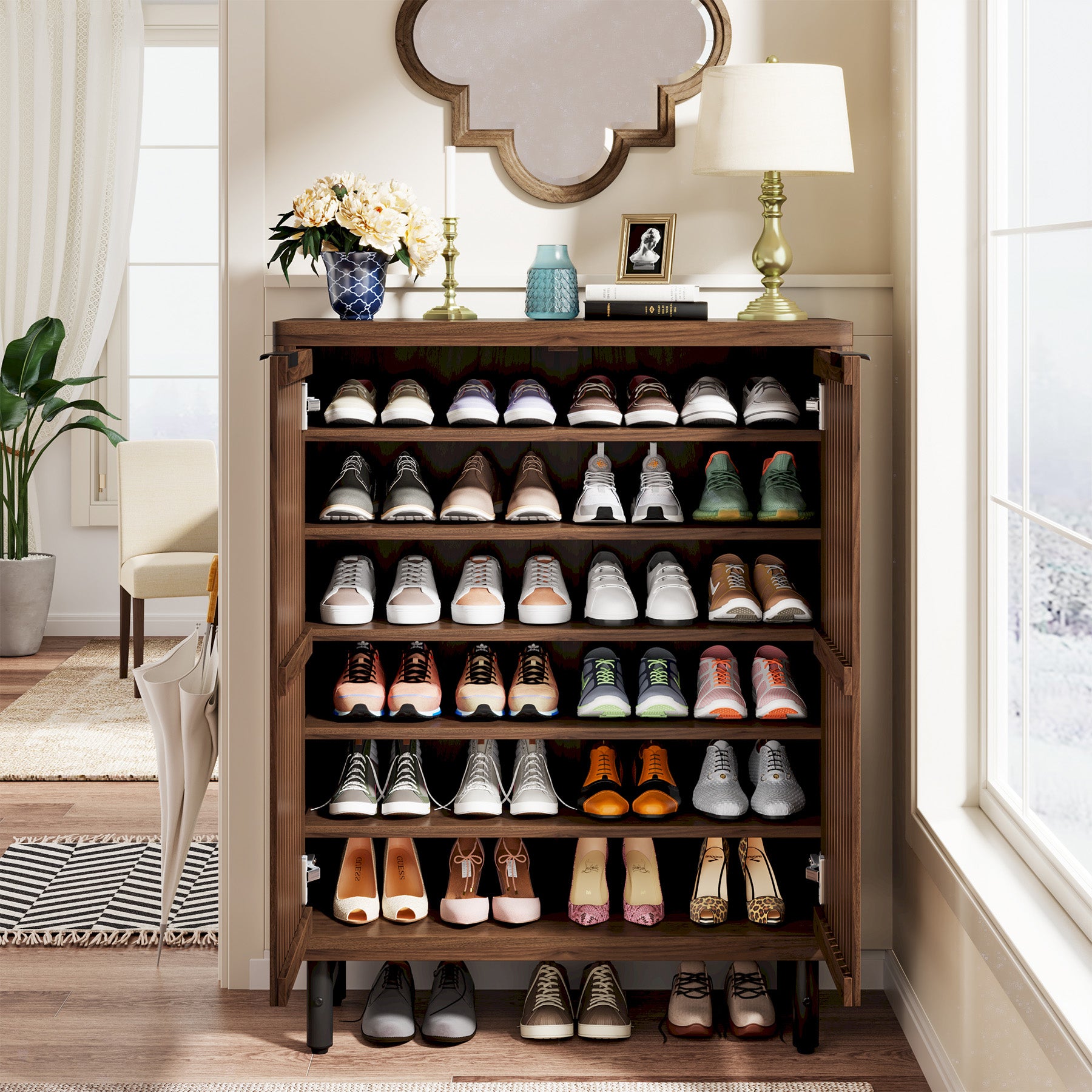 110 cm Retro Schoenenkast, Zes Planken Opbergmeubel met Verstelbare Schappen