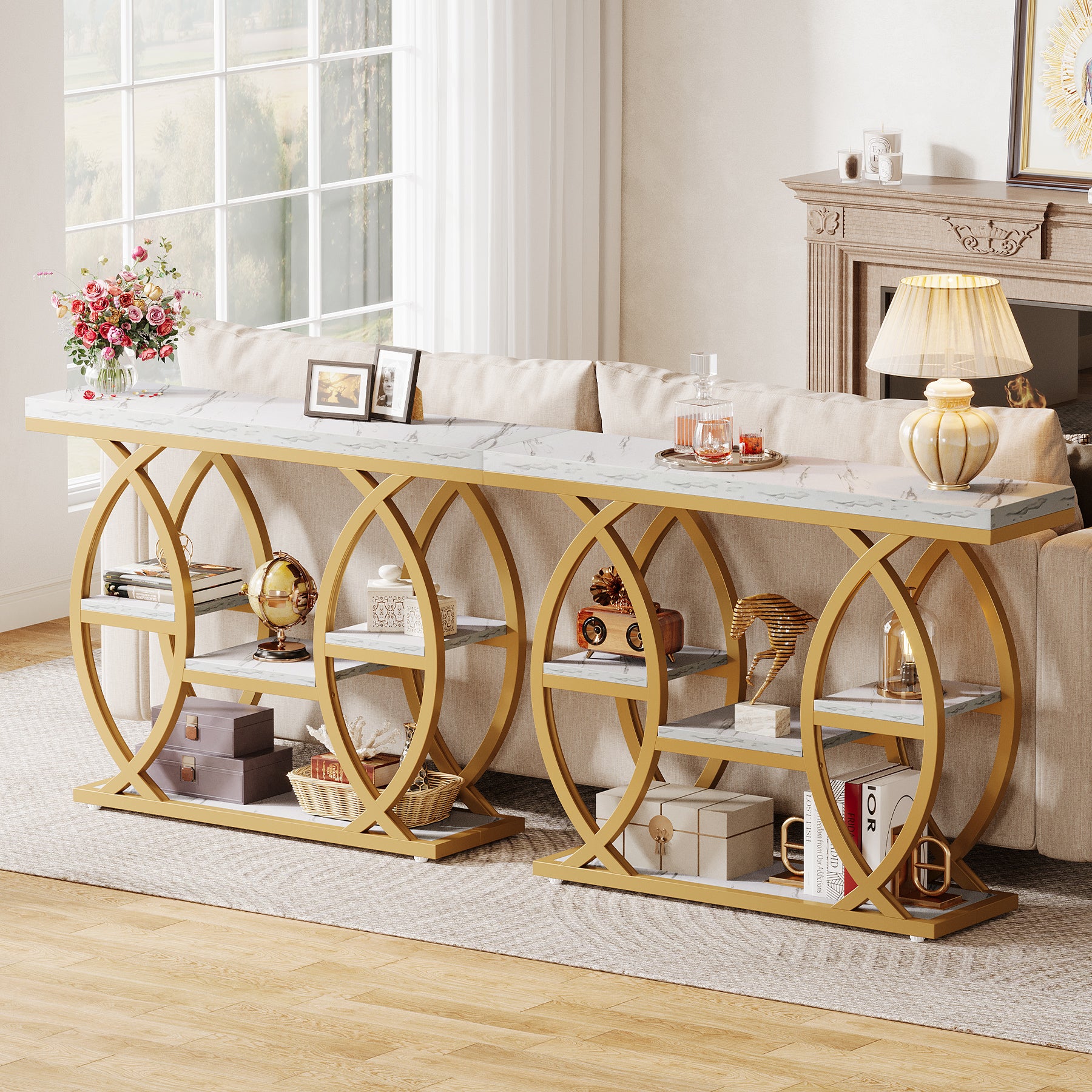 Industrieel Consoletafel 100 cm met 4 Opbergplanken, Smalle Houten Bijzettafel voor hal en Kleine Ruimtes