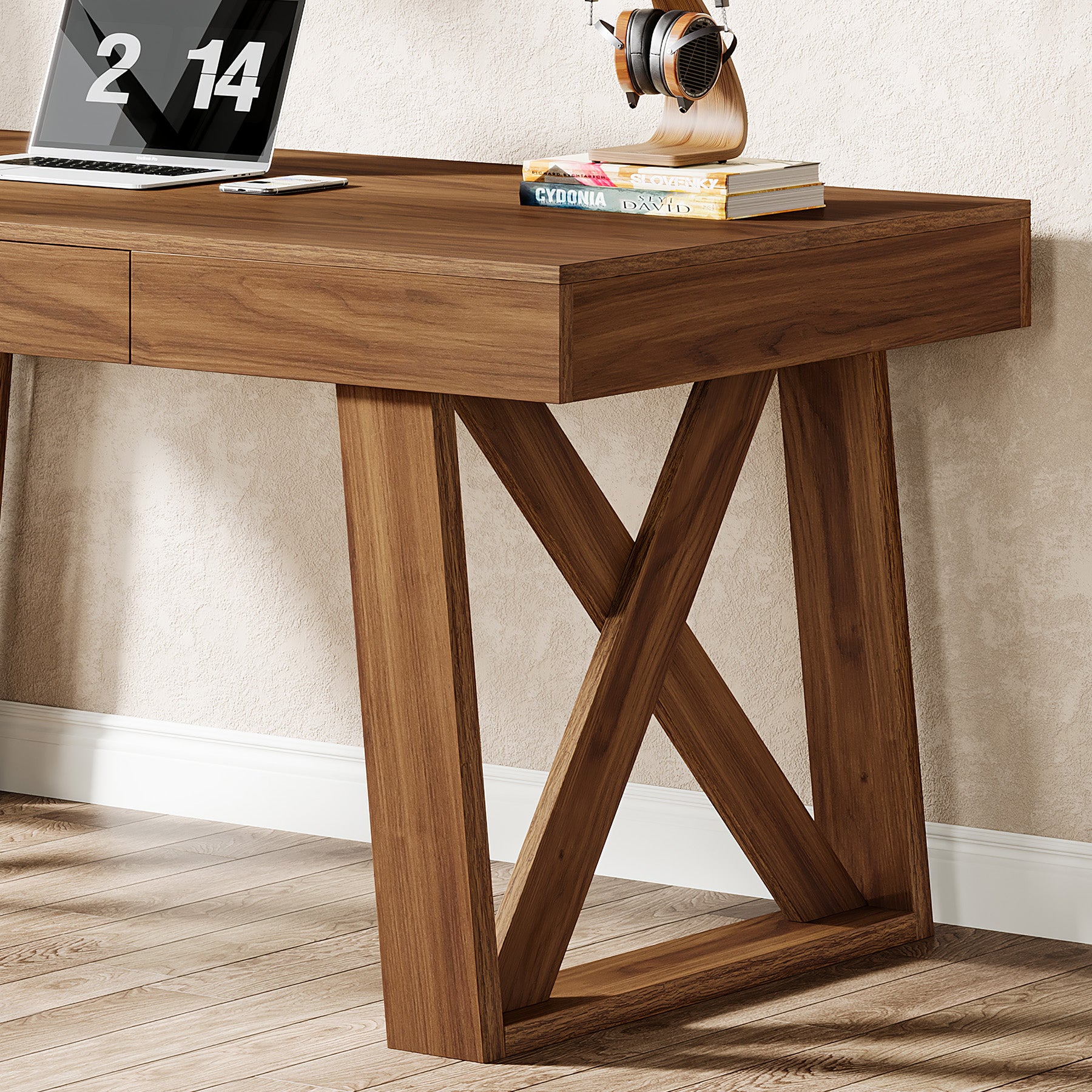 140 cm Bredere Bureau, Retro Houten Bureau met Laden voor Thuiswerk en Kantoor