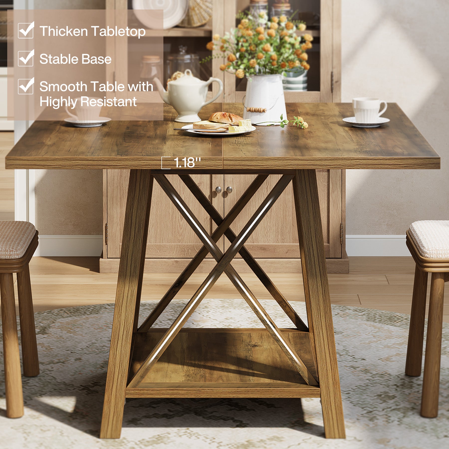 Vierkante eettafel voor 4 personen met opbergvak, landelijke keukentafel voor eetkamer en woonkamer