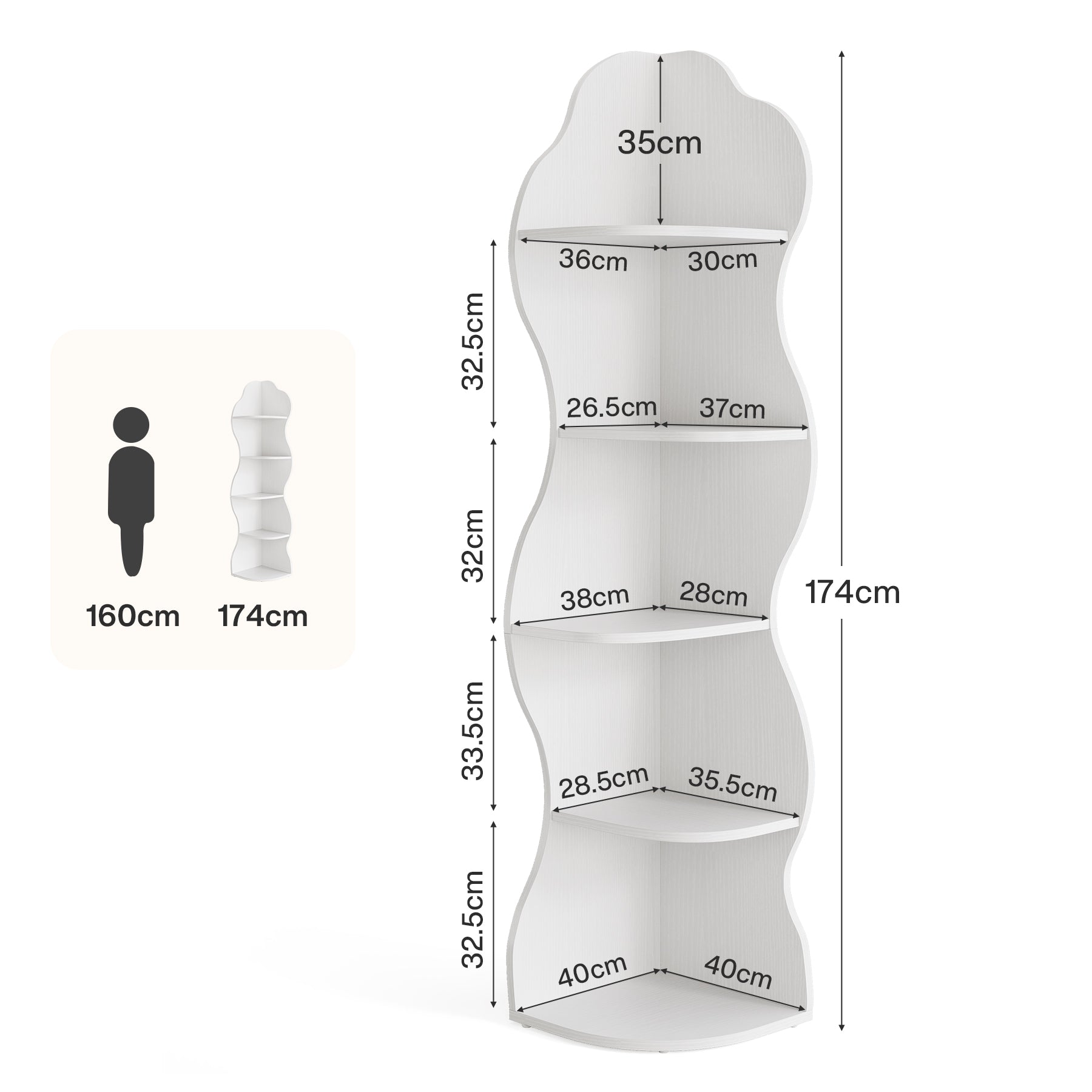 174 cm Hoekboekenkast met 5 Planken, Witte Hoekkast voor Woonkamer