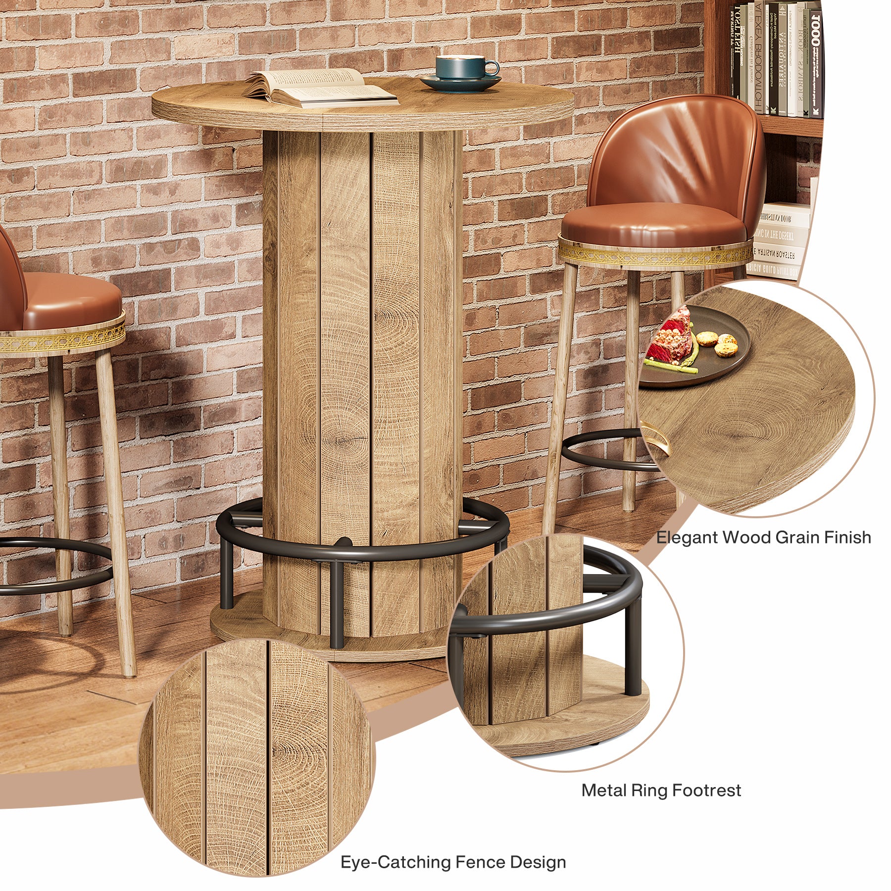 80 cm Industriële Bartafel met Houten Lattenvoet en Voetsteun