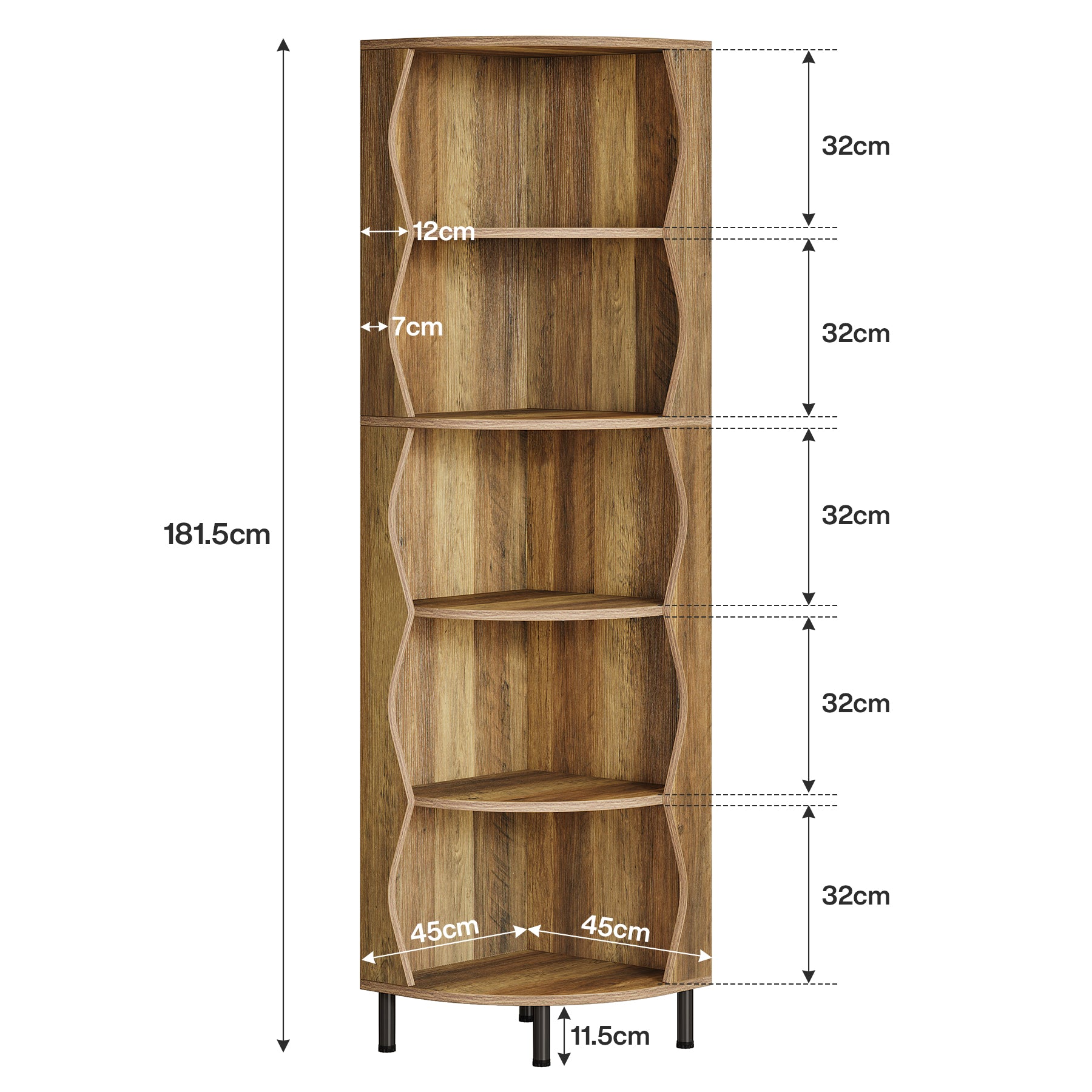 182 cm Hoge Hoekkast, Vijfplanken Opbergmeubel voor Woonkamer en Slaapkamer