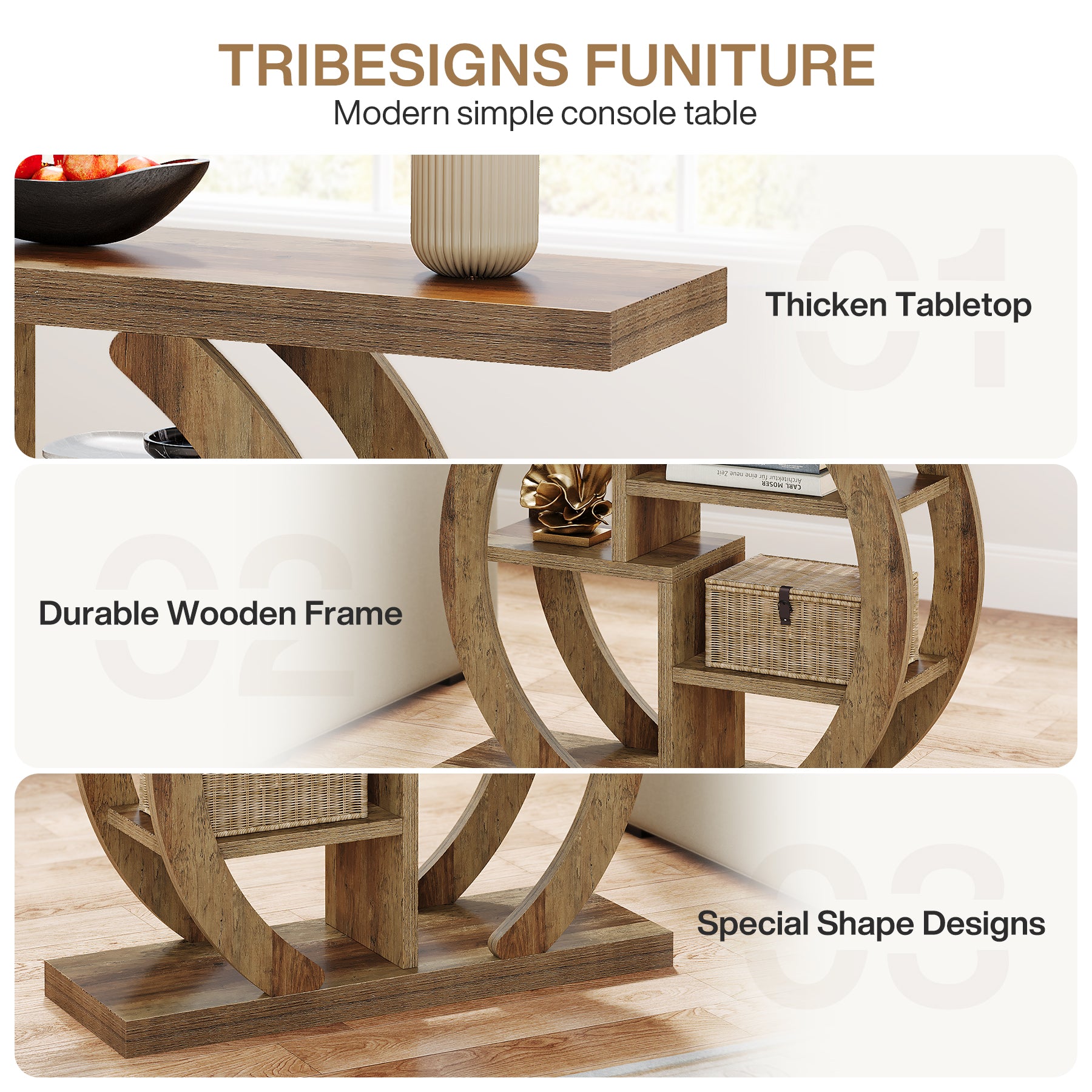 108 cm Houten Consoletafel met 4 Lagen Opslag en Cirkelvormige Basis