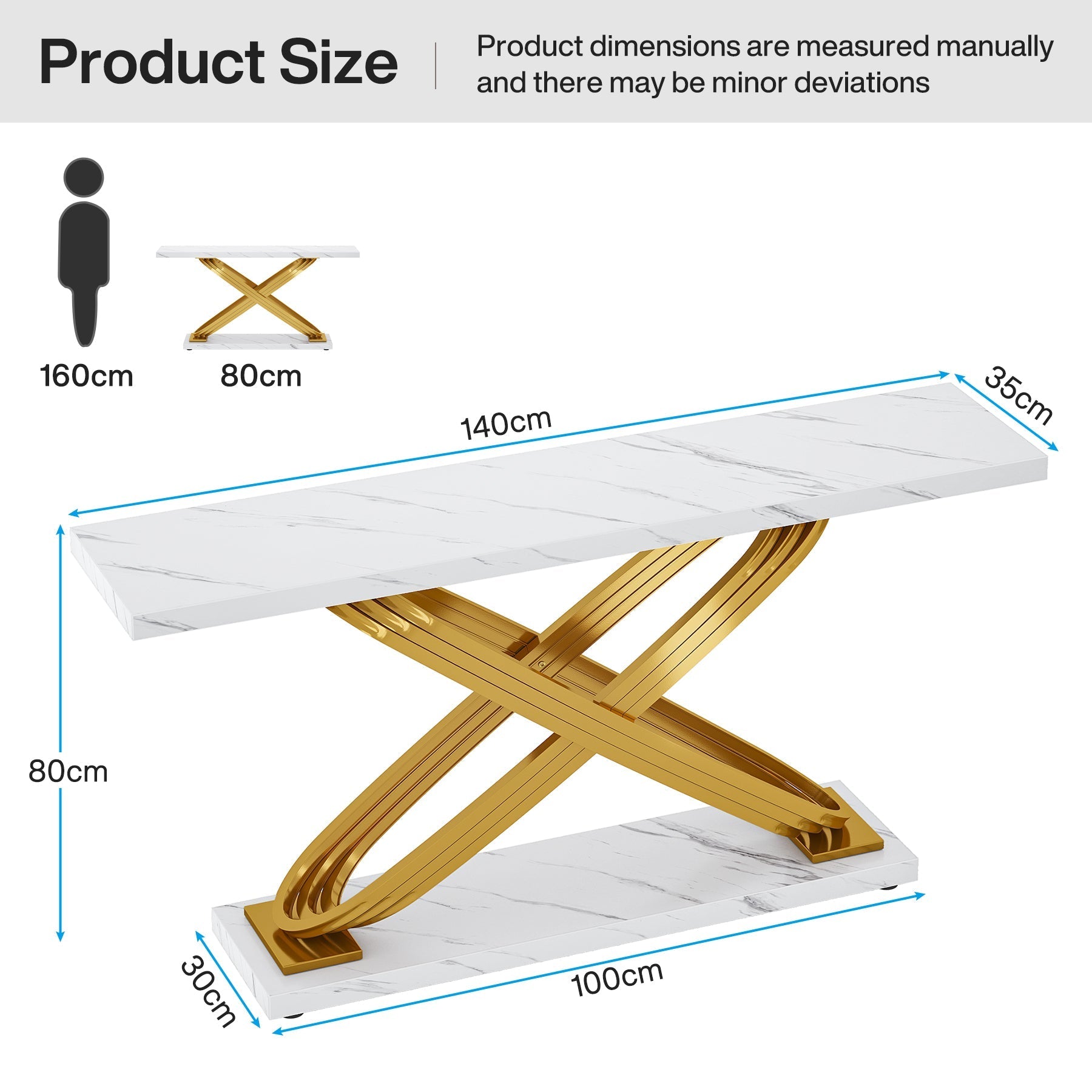 140 cm Moderne Consoletafel, Luxe Faux Marmeren Banktafel in Goud en Wit
