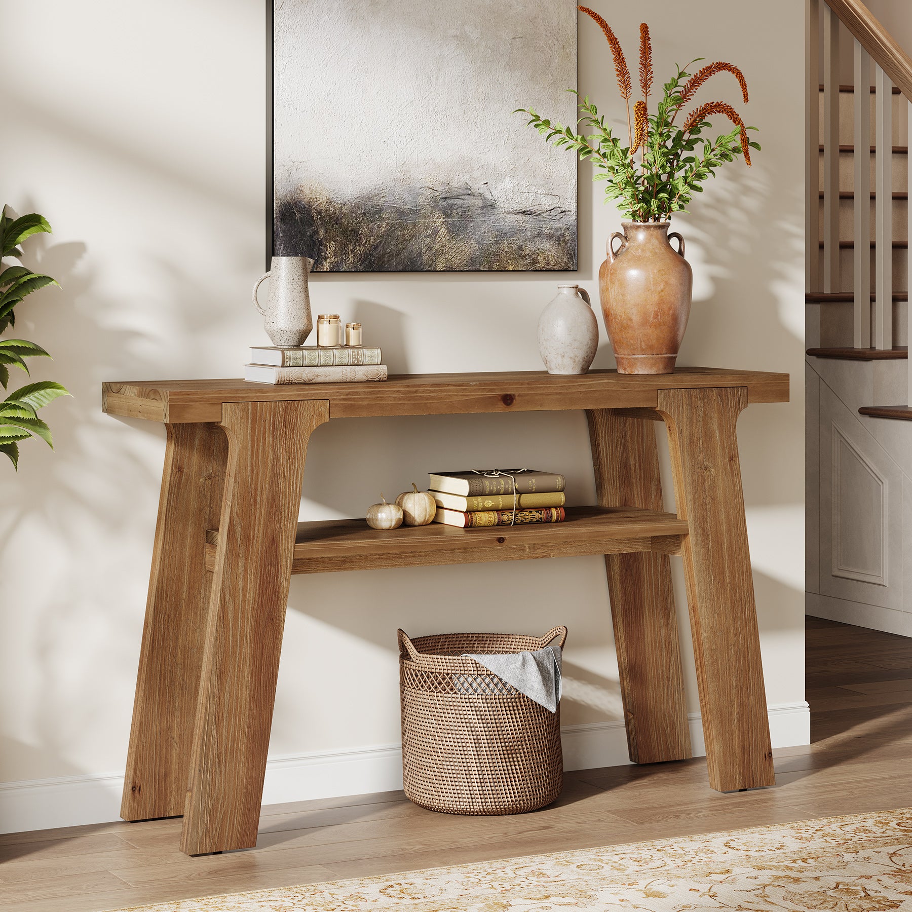 120 cm Houten Consoletafel, Massief Houten Bijzettafel met 2-Laden Opbergvak