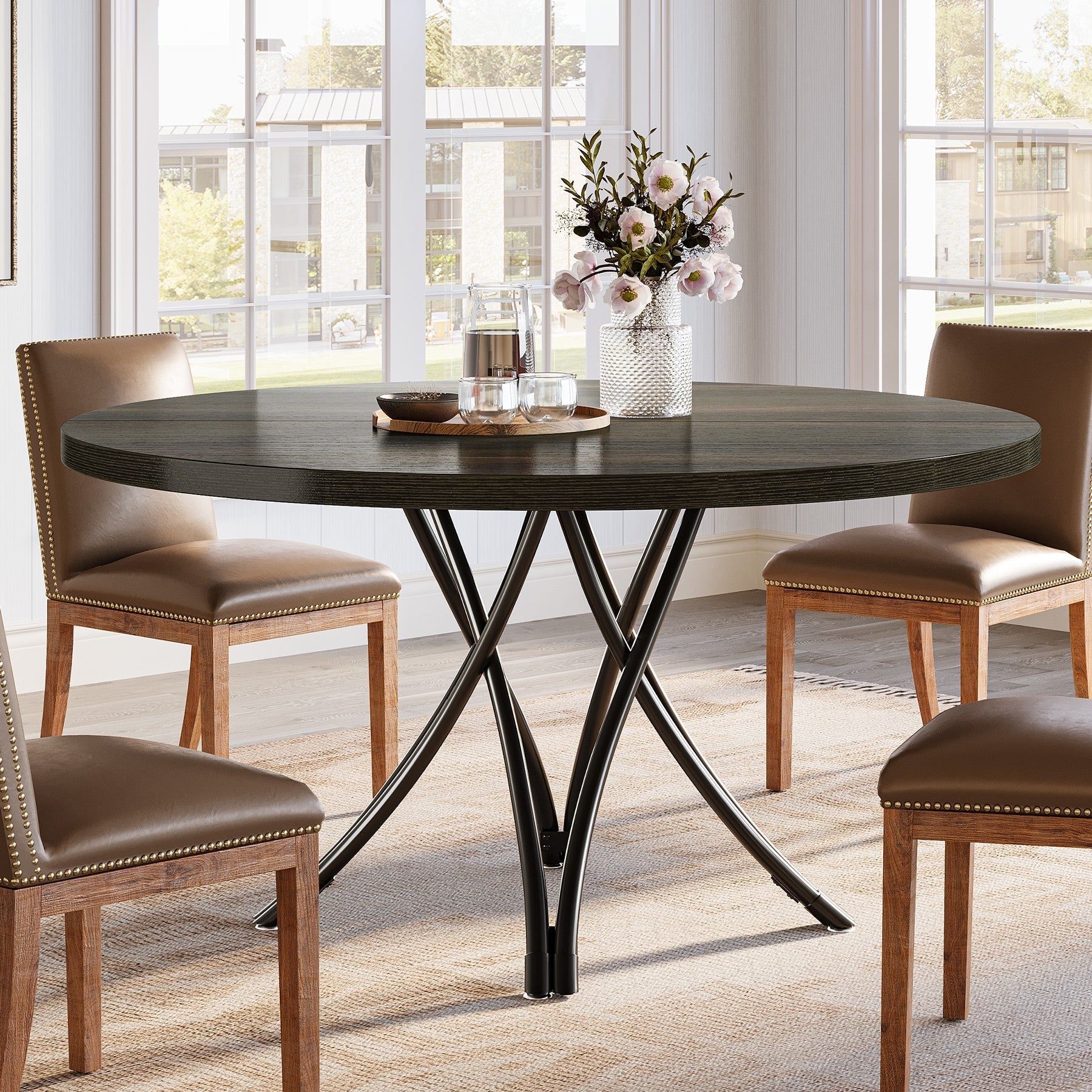 Ronde Eettafel voor 4-6 Personen, 120 cm met Kruisvormige Metalen Poten in Het Zwart
