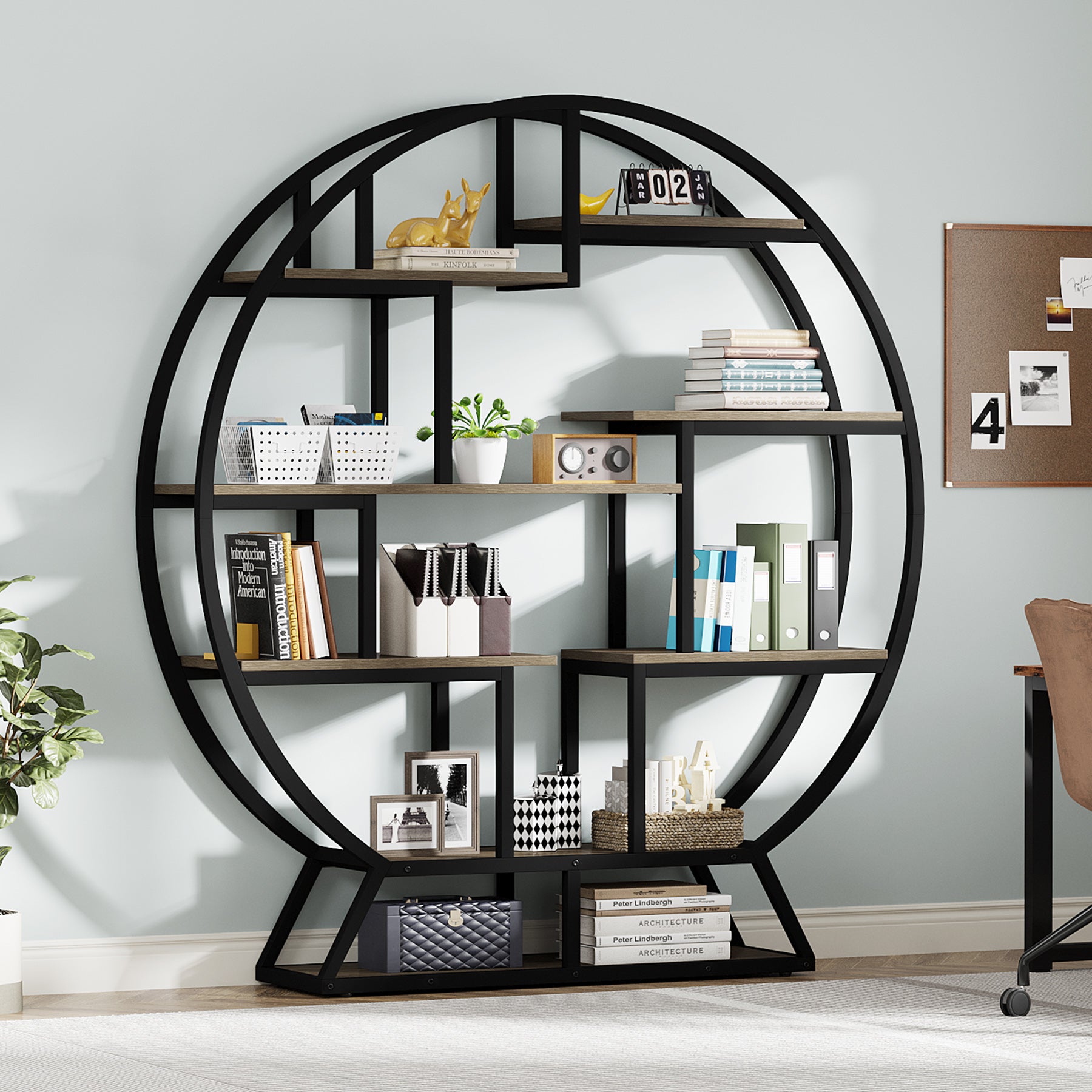 160 cm Ronde Boekenkast, Vijfplanken Opbergmeubel voor Kantoor en Woonkamer