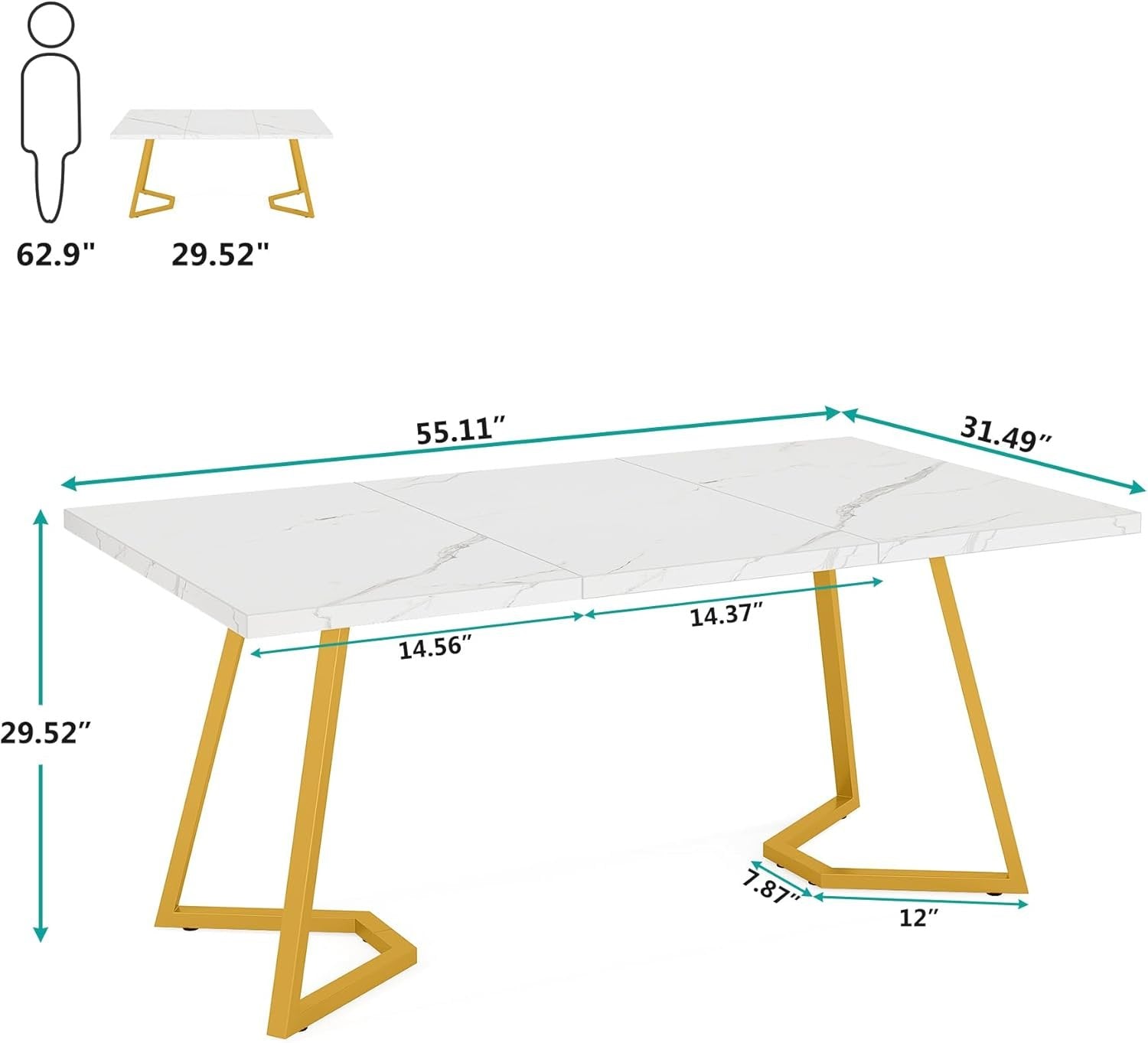 140 cm Tribesigns Moderne Eettafel in Wit, Rechthoekige Eettafel met Gouden Metalen Poten voor 6 Personen