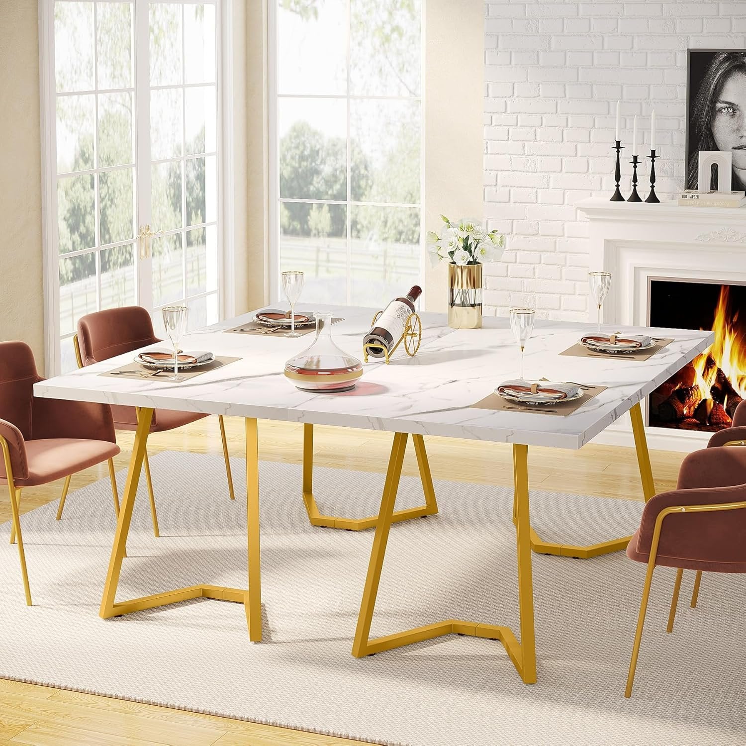 140 cm Tribesigns Moderne Eettafel in Wit, Rechthoekige Eettafel met Gouden Metalen Poten voor 6 Personen