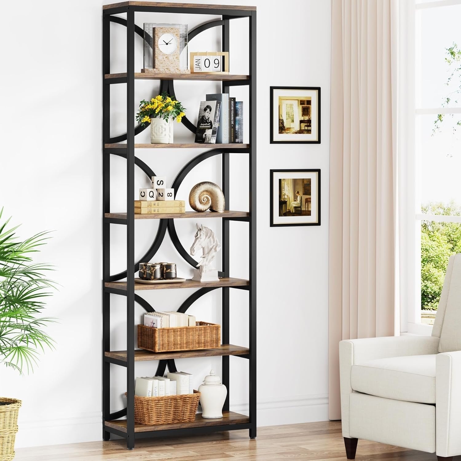 200 cm Hoge Boekenkast, Industriële Boekenplank met Zes Planken voor Woonkamer en Kantoor